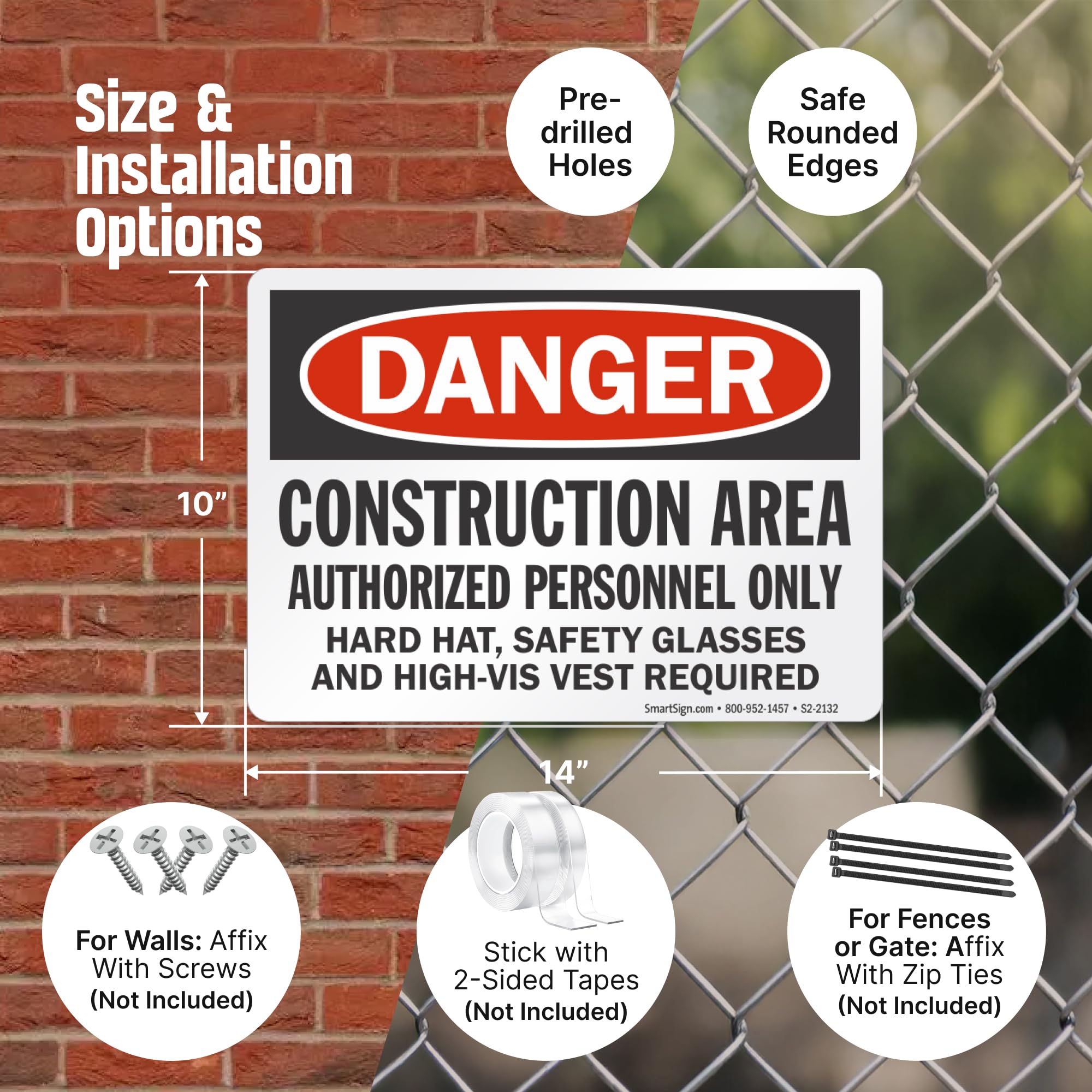 SmartSign - S-8968-AL-14 "Danger - Construction Area, Authorized Personnel Only" Sign | 10" x 14" Aluminum Black/Red on White — Amazon image 3