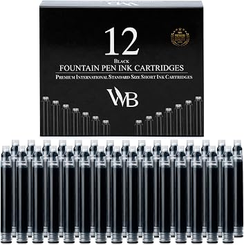 Wordsworth & Black 12 Pack Fountain Pen Ink Refills - Set of 12 Black Ink Cartridges - International Standard Size - Length APPR 2.3" - Base Diameter APPR 0.24" - Disposable and Generic