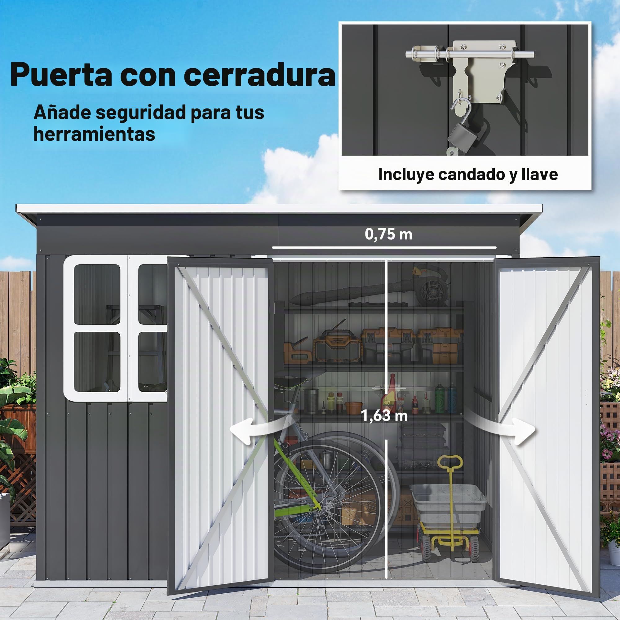 Outsunny Cobertizo jardín 8.5' x 6' Ventana respiraderos Gris Oscuro