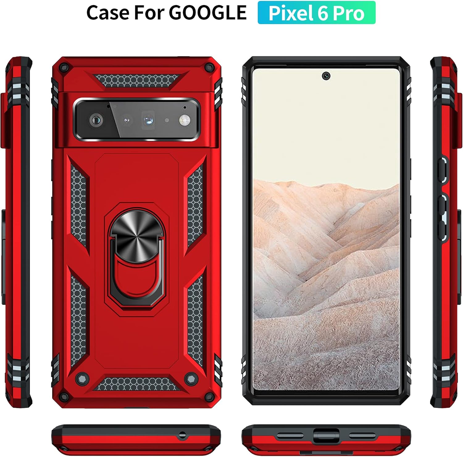 Korecase Phone Case for Google Pixel 6 Pro Heavy Duty Rugged Full Body Shockproof Screen Protection Built-in Finger Ring Kickstand Military Armor Scratch Proof Bumper Hard Back Cover Red : Cell Phones & Accessories