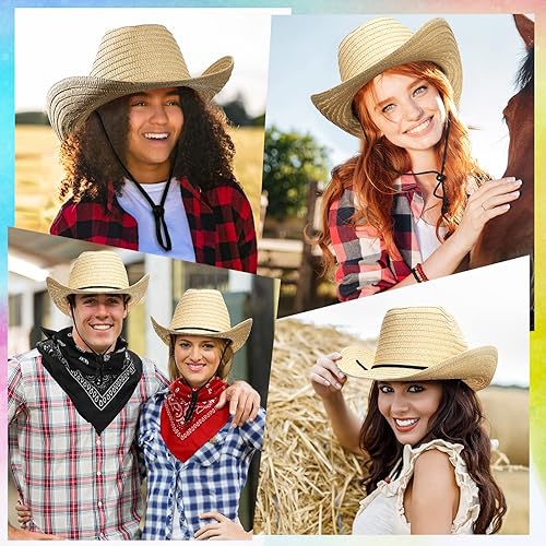 Miniatura 4 de Zhanmai 18 Set Cowboy Hats and Bandanas Set Straw Cowboy Hat Party Bandanas Western Party Cowboy Accessories