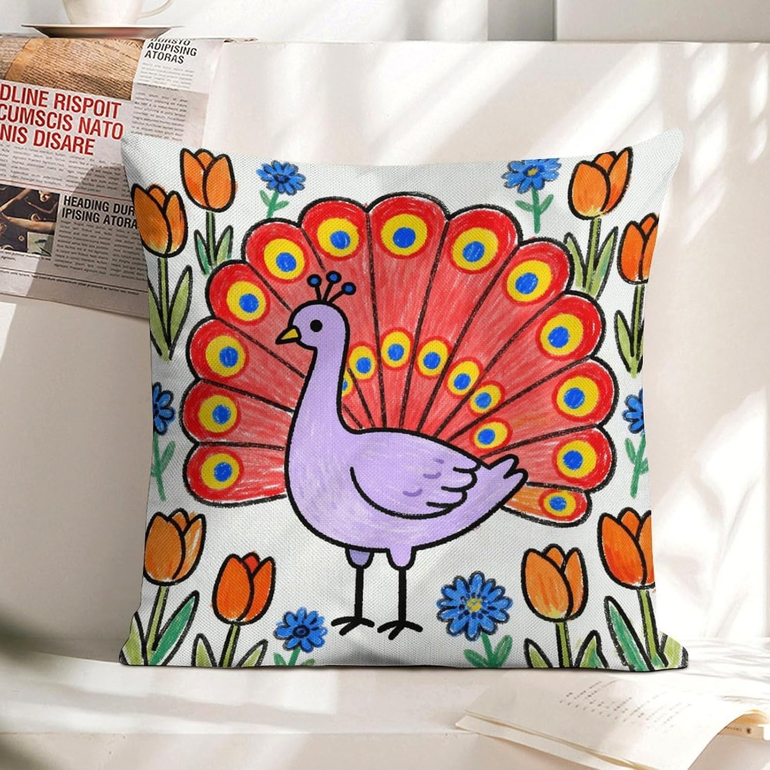 Rainbow Feathers and Flower Clusters Pillow Protectors Cute Waterproof Pillow Cover Soft Skin-Friendly Cushion Case Decorative Square Cushion Cover for Couch Sofa Bed Living Room Bedroom