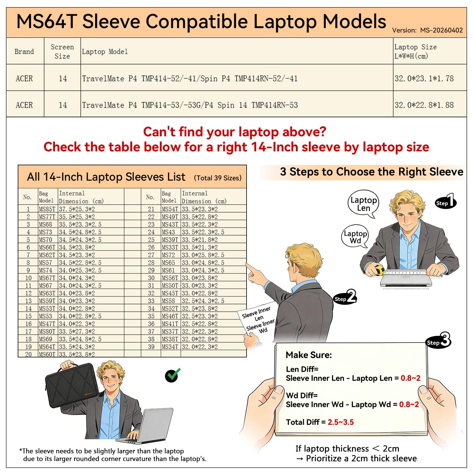 Smatree MS64T Protección rígida 14 Pulgadas Funda para portátil Compatible con Acer TravelMate P4 TMP414/P4 Spin 14 TMP414RN/Spin P4 TMP414RN