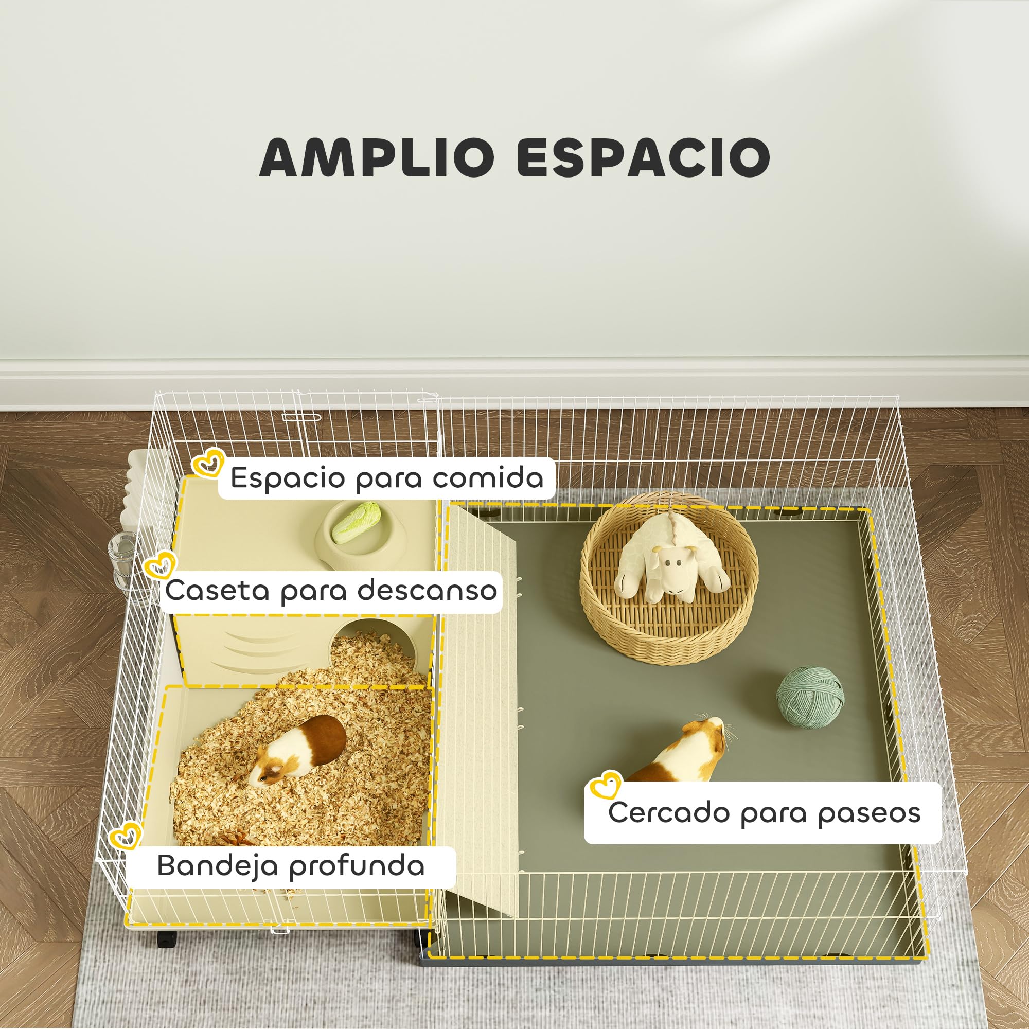 PawHut Jaula para Animales Pequeños Cobaya Desmontable 108x71x57 cm Beige | Jaula para Roedores, Corral, Ruedas, Rampas, Cuenco, Botella de Agua, Dispensador de Heno