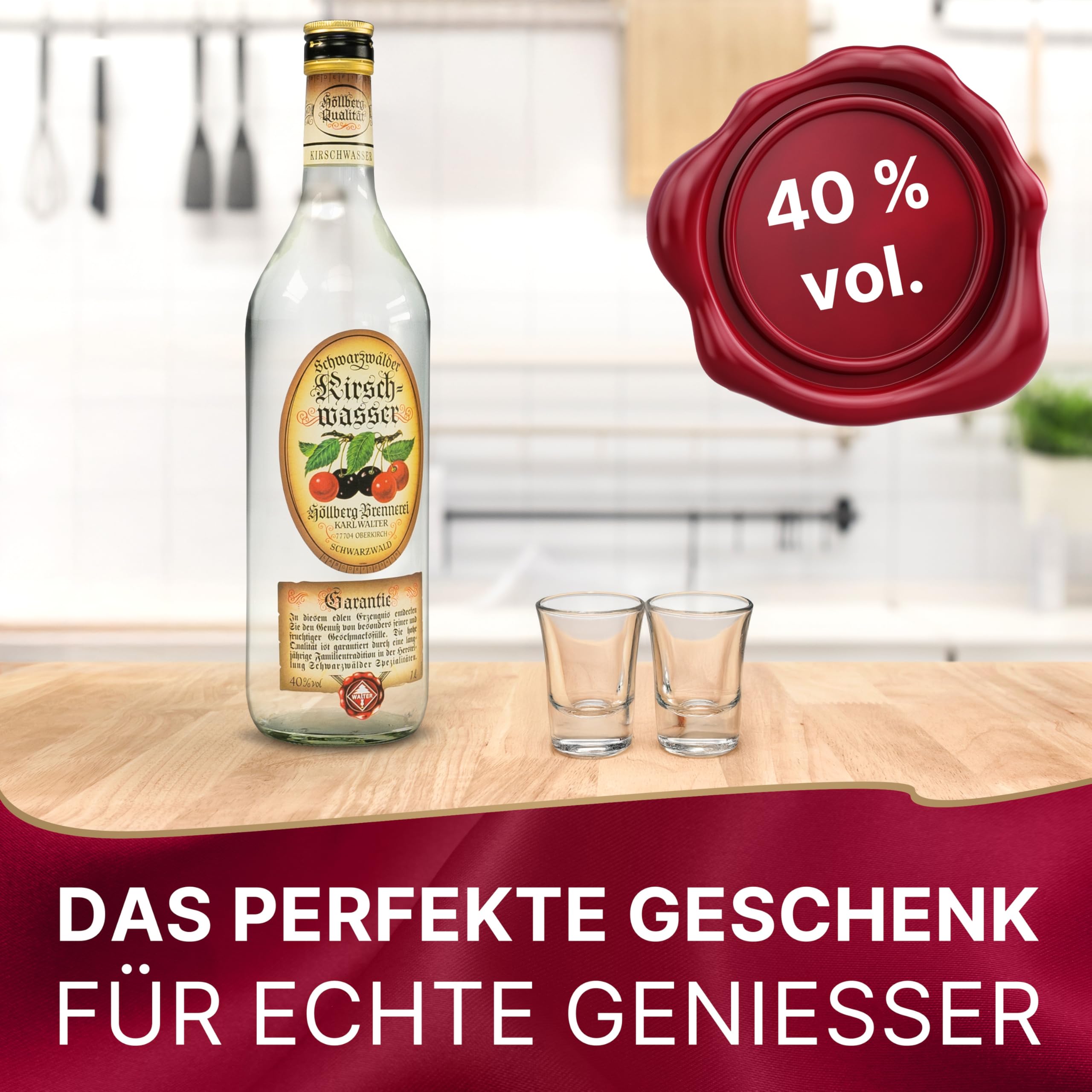 Original Höllberg Kirschwasser 40% vol., 1 Liter | Edler Premium Obstbrand aus dem Schwarzwald