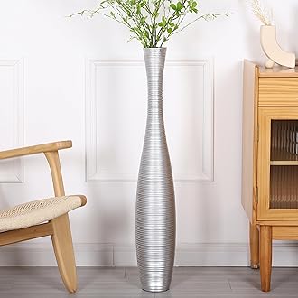 Decorative Tall Floor Vase for Living Room Decor, 34 inches, Silver, Resin