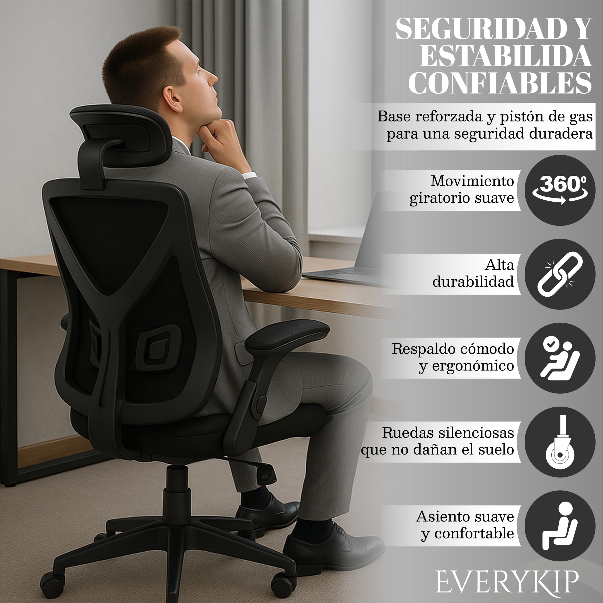 EveryKip® Silla Escritorio Ergonomica Ajustable con Reposabrazos Negro| Ruedas Anti-Arañazos | Sillas Oficina Ejecutiva con Reposacabezas | Cadeira Ergonómica Office Chair (Negro) — view 7