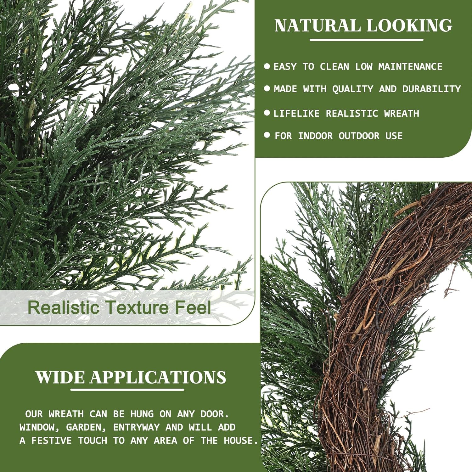Zeyune 24 Real Touch Christmas Cedar Wreath for Front Door Extra-Full Large Artificial Green Pine Wreath Faux Pine Green Wreaths for Xmas Home Indoor Outdoor Wall Window Farmhouse Fireplace Decor - Image 5