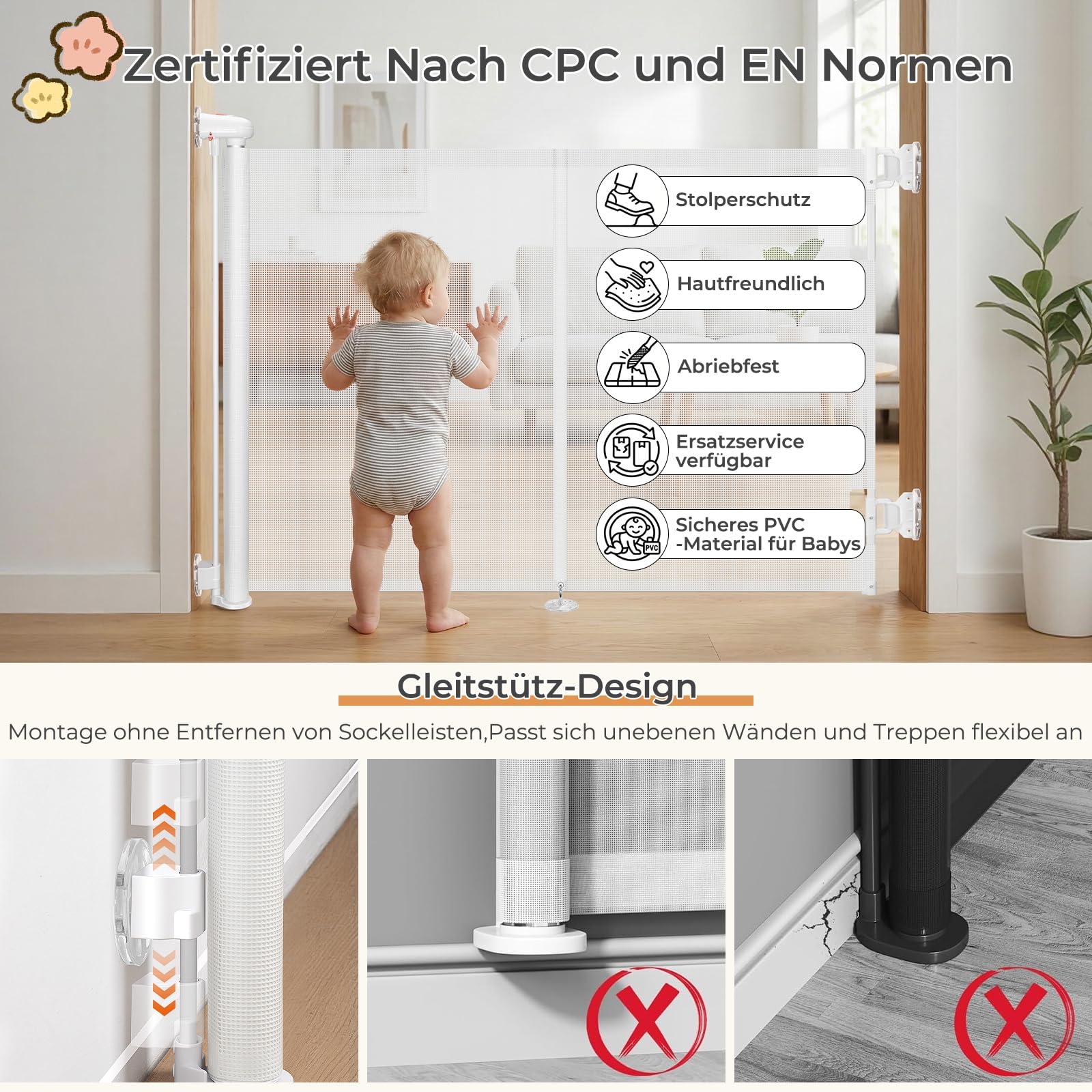 Ycozy Treppenschutzgitter Türschutzgitter Ausziehbar mit Stützstangen Treppenschutzrollo Türgitter Baby (Weiß, 150cm-Ohne Bohren)