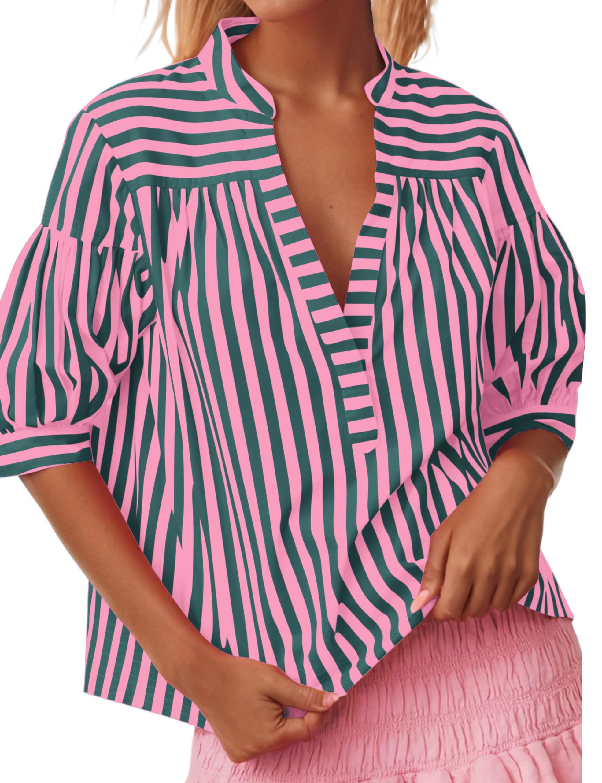 Camicetta da donna a righe a maniche corte a sbuffo top con scollo a V vestibilità ampia casual estiva da lavoro camicetta a righe