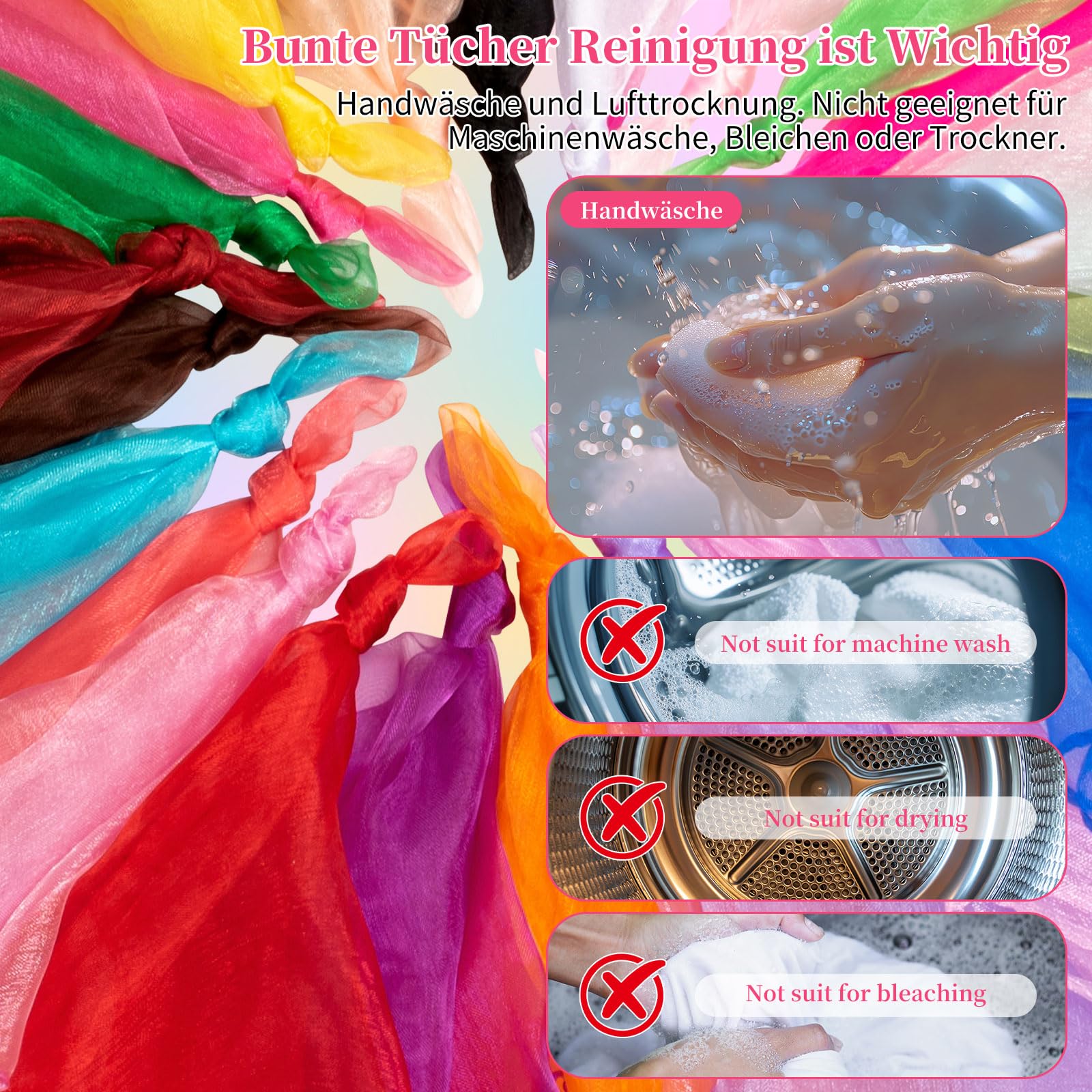 Kunoli 24 piezas de pañuelos para malabares para niños, pañuelos coloridos para bebés, 60×60 cm cuadrados, pañuelos coloridos para niños, adecuados para actuaciones infantiles como danza, fiestas