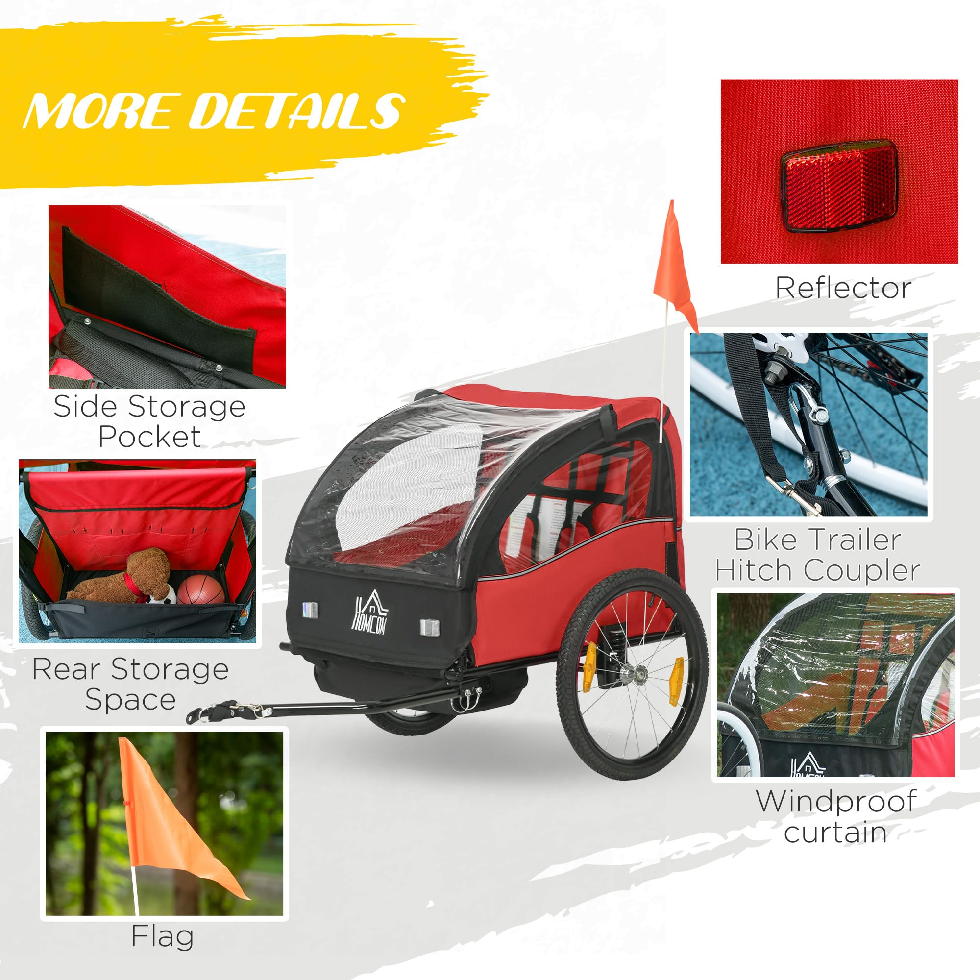 HOMCOM Remorque de vélo pour enfants 2 places 18 mois ceinture de sécurité amortisseur 140x88x90 cm