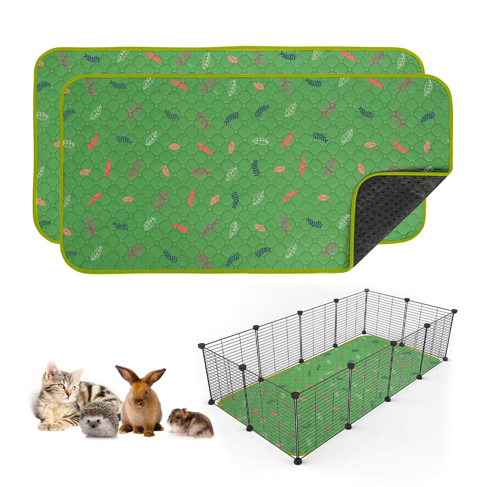 Sunheir 2 Pack Washable Guinea Pig Pee Pads, 24" x 48" Waterproof Reusable Guinea Pig Cage Liners, Absorbent Bedding Training Mat for Small Animal Guinea Pigs Rabbit Bunny Hamster - Green