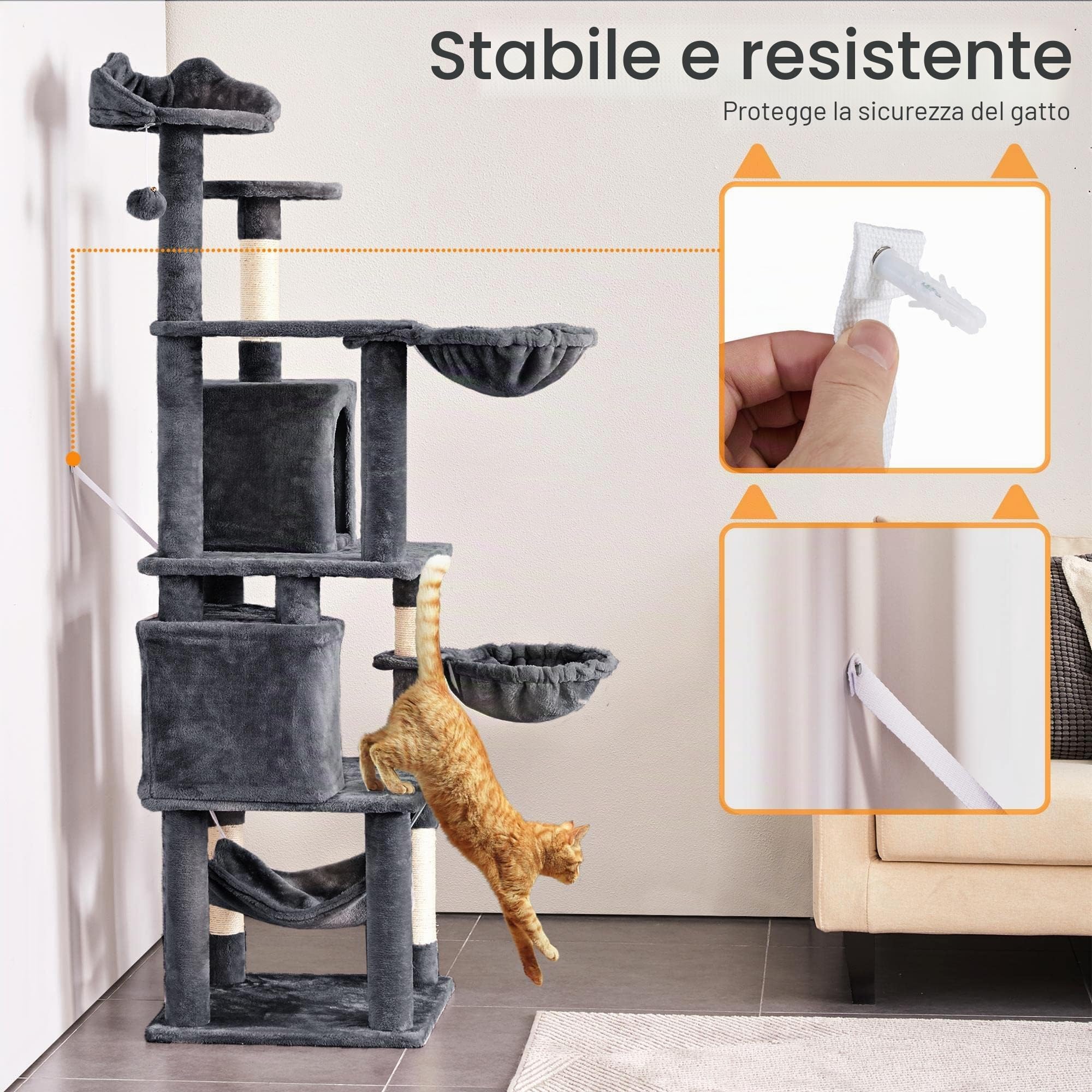 Yaheetech Albero Tiragraffi per Gatti 174,5 cm in Truciolato e Corda in Sisal con Condomini Posatoi e Ceste e Pisolini Grigio Scuro