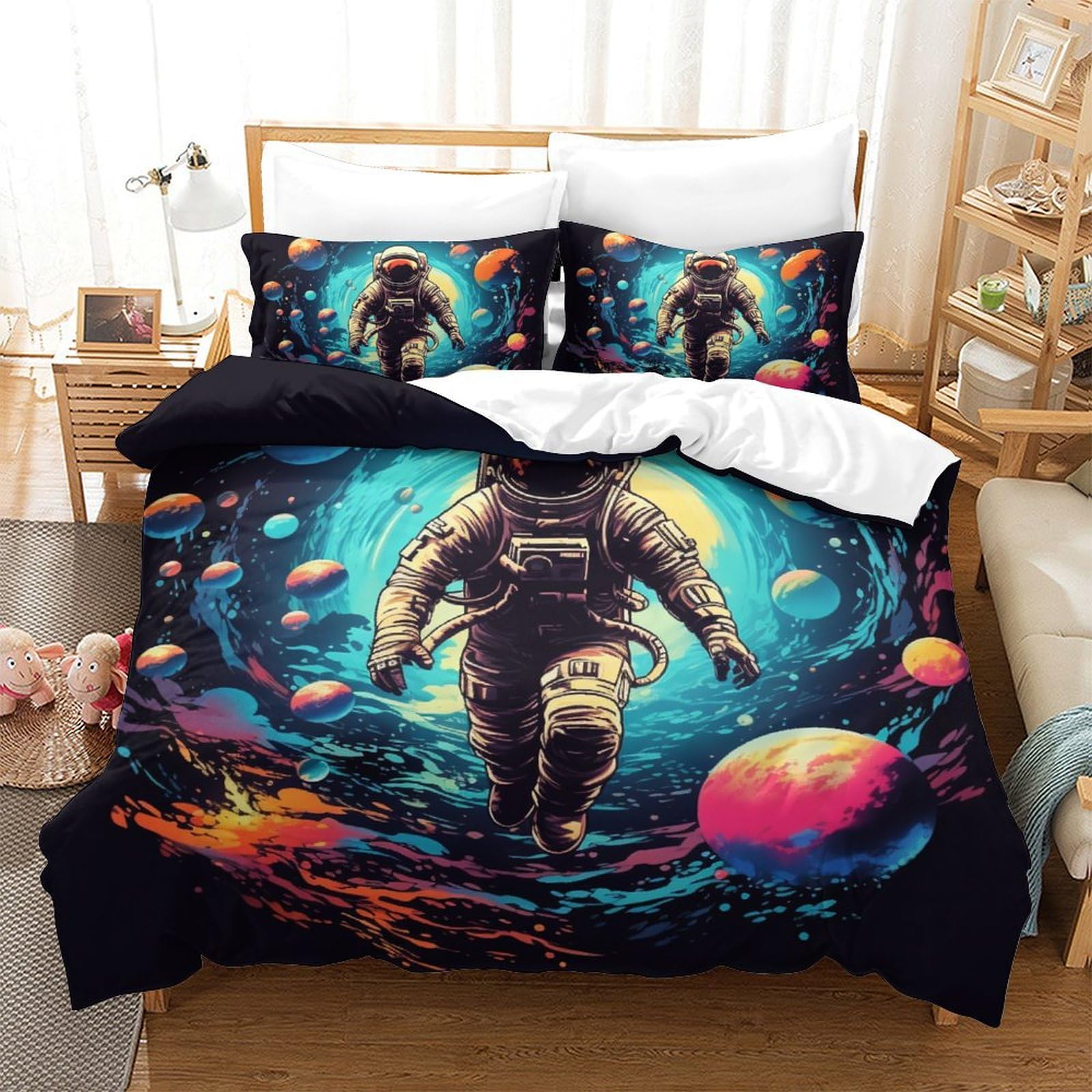 Housse de couette astronaute zippée fini la couette qui glisse parure 3pcs microfibre 220x240