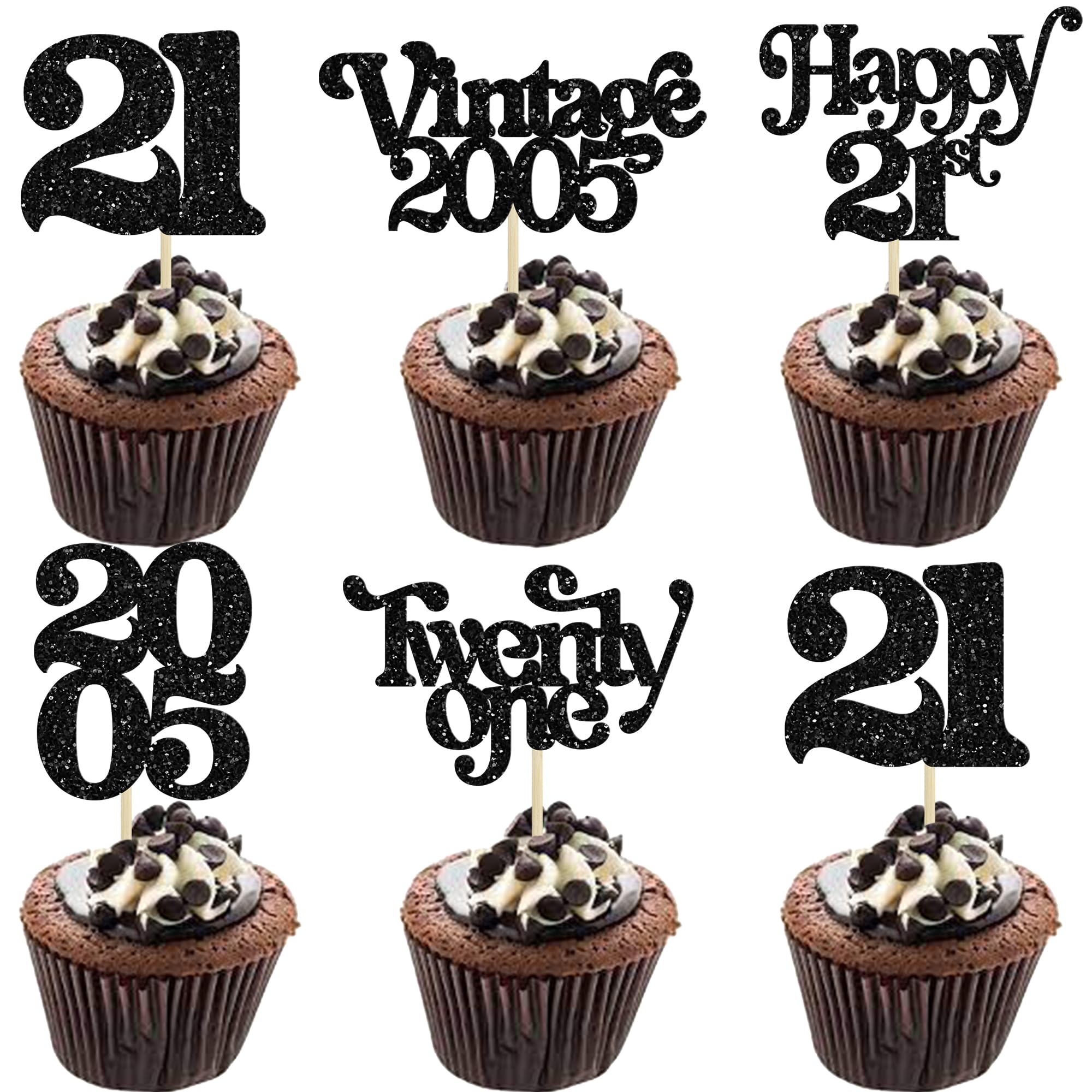 Gyufise 30Pcs 21st Birthday Cupcake Toppers Glitter Twenty-one Vintage 2005 Cheers to 21 Cupcake Picks Hello 21 Years Birthday Cake Decorations for 21st Anniversary Party Supplies Black