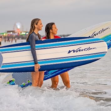 Wavestorm Classic Soft Top Foam 7' Surfboard for Beginners and All Surfing Levels Complete Set Includes Leash and Multiple Fins Heat Laminated, Blue Pinline