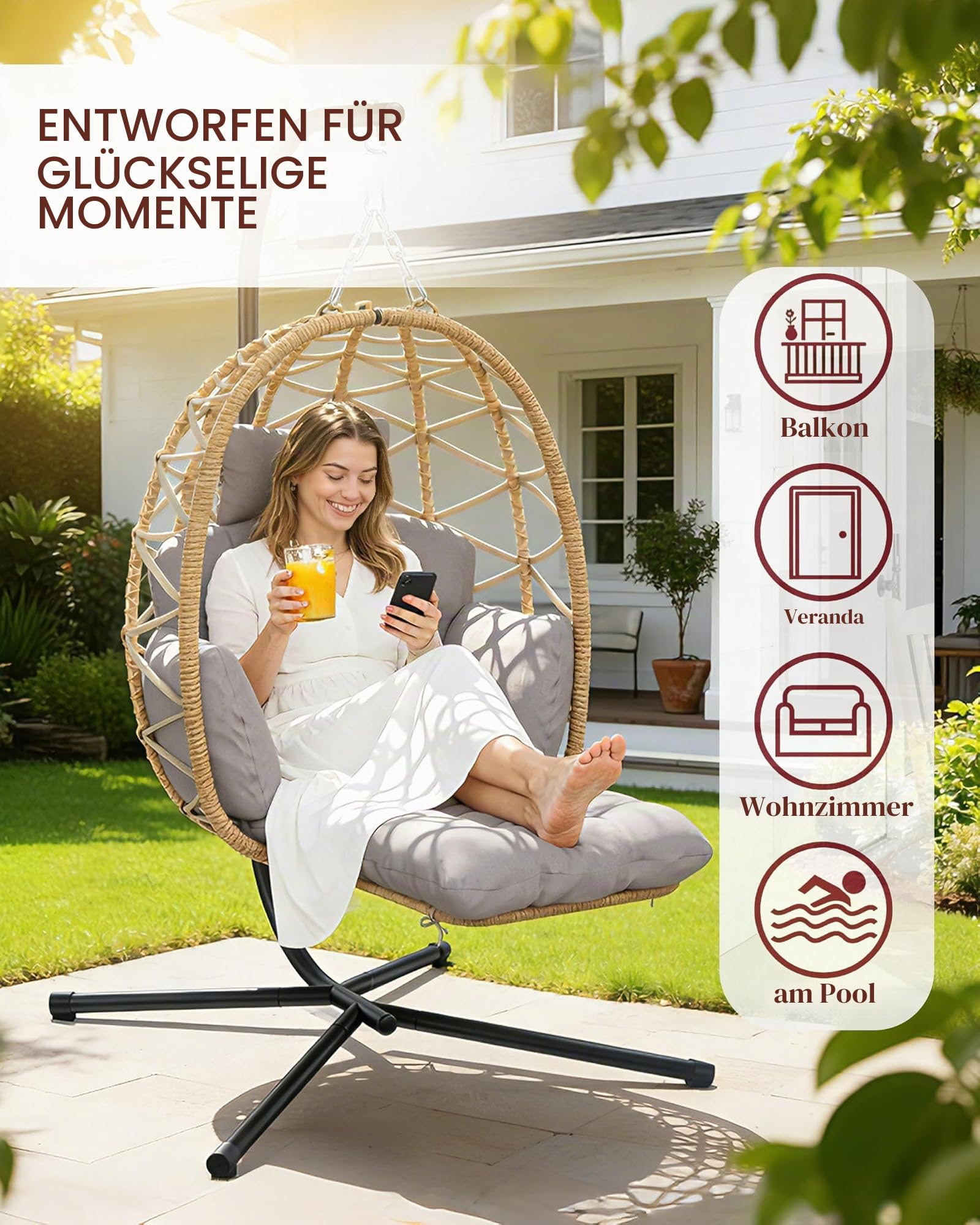 Hängesessel mit Gestell Fußstütze, Hängekorb Sessel, Hängestuhl Rattan Outdoor und Indoor, Hängeschaukel, Egg Chair für Garten, Terasse, Kinderzimmer, Leseecke, bis 150kg