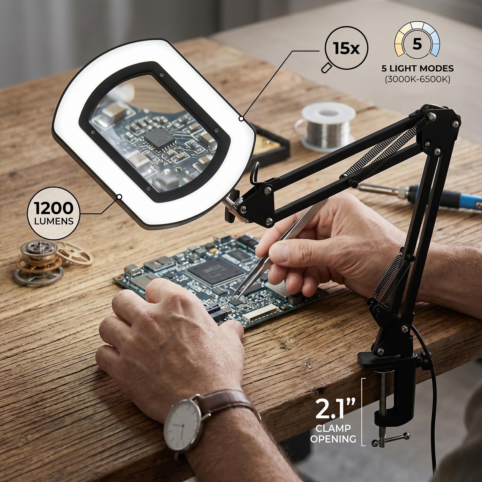 ASHATA Lupa Cuadrada 15X con Luz Alimentada por USB Brillo Ajustable para Reparaciones Pasatiempos Manualidades 5 Ajustes de Temperatura