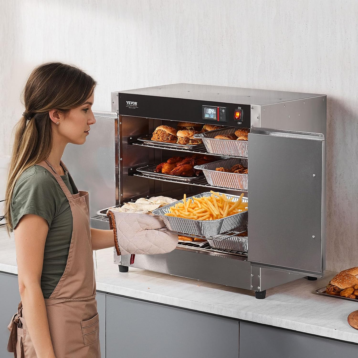 VEVOR Hot Box Food Warmer, 25"x15"x24" Concession Warmer with Water Tray, Four Disposable Catering Pans, Countertop Pizza, Patty, Pastry, Empanada, Concession Hot Food Holding Case, 110V