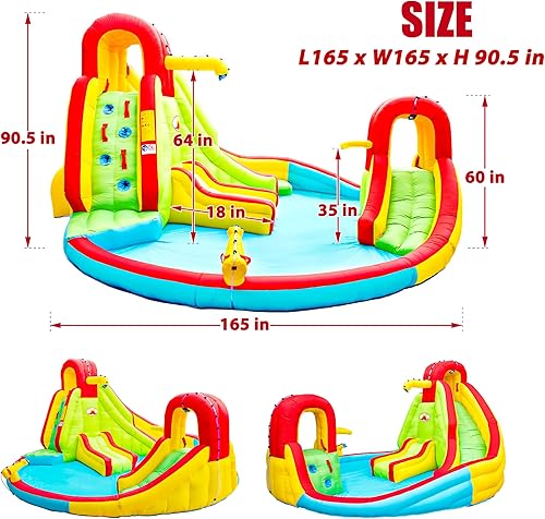 Miniatura 2 de Inflatable Water Park with Blower, Jumping Castle 2 Slides, Climbing Wall, Water Gun, Lounge and Basketball Hoop, 165 x 165 x 90.5 Inch