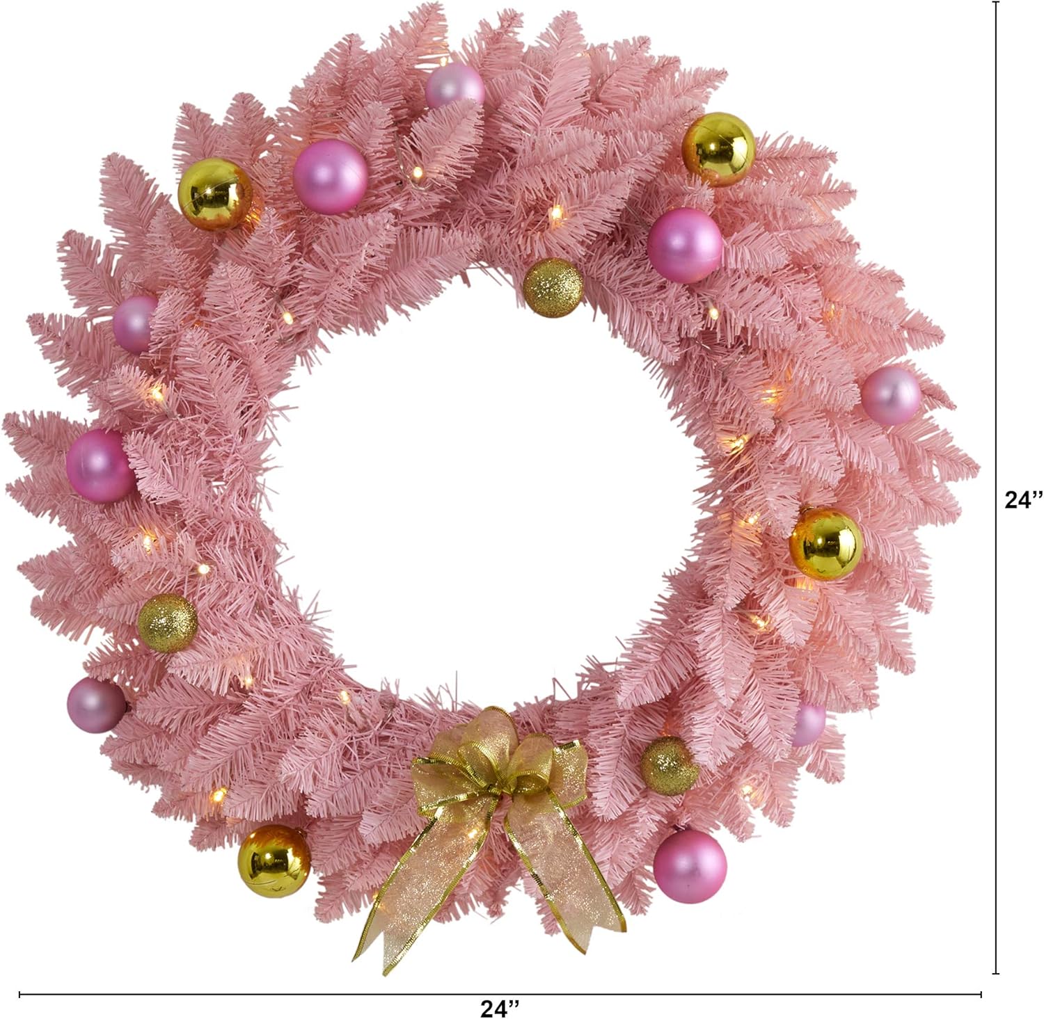 Nearly Natural 24in. Pink Artificial Christmas Wreath with 35 LED Lights and Ornaments