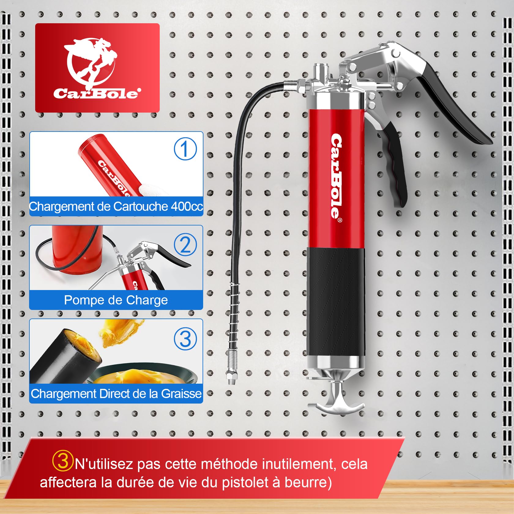CarBole Pompe à Graisse 8000PSI avec un Coupleur et Quatre Types de Buse | Embout Pompe a Graisse,Avec Tuyau Flexible et Tuyau d'extension métallique,Compatible avec Cartouche 400cc