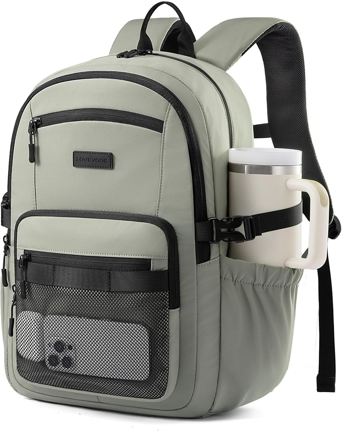 LOVEVOOK Laptop Backpack Women/Men with 40oz Cup Holder Buckle Strap, 15.6 Inch Tech-Ready Work Backpack, TSA-compliant for Travel & College with Versatile Mesh Pocket, Sage Green