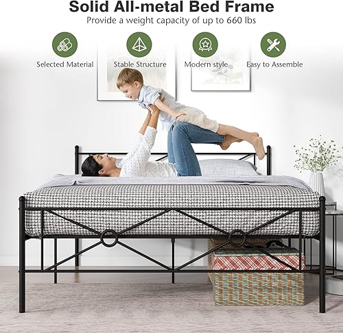 Miniatura 8 de KOMFOTT Marco de cama de metal tamaño Queen, marco de cama de plataforma con cabecera y estribo, marco de cama básico con soporte de listones de