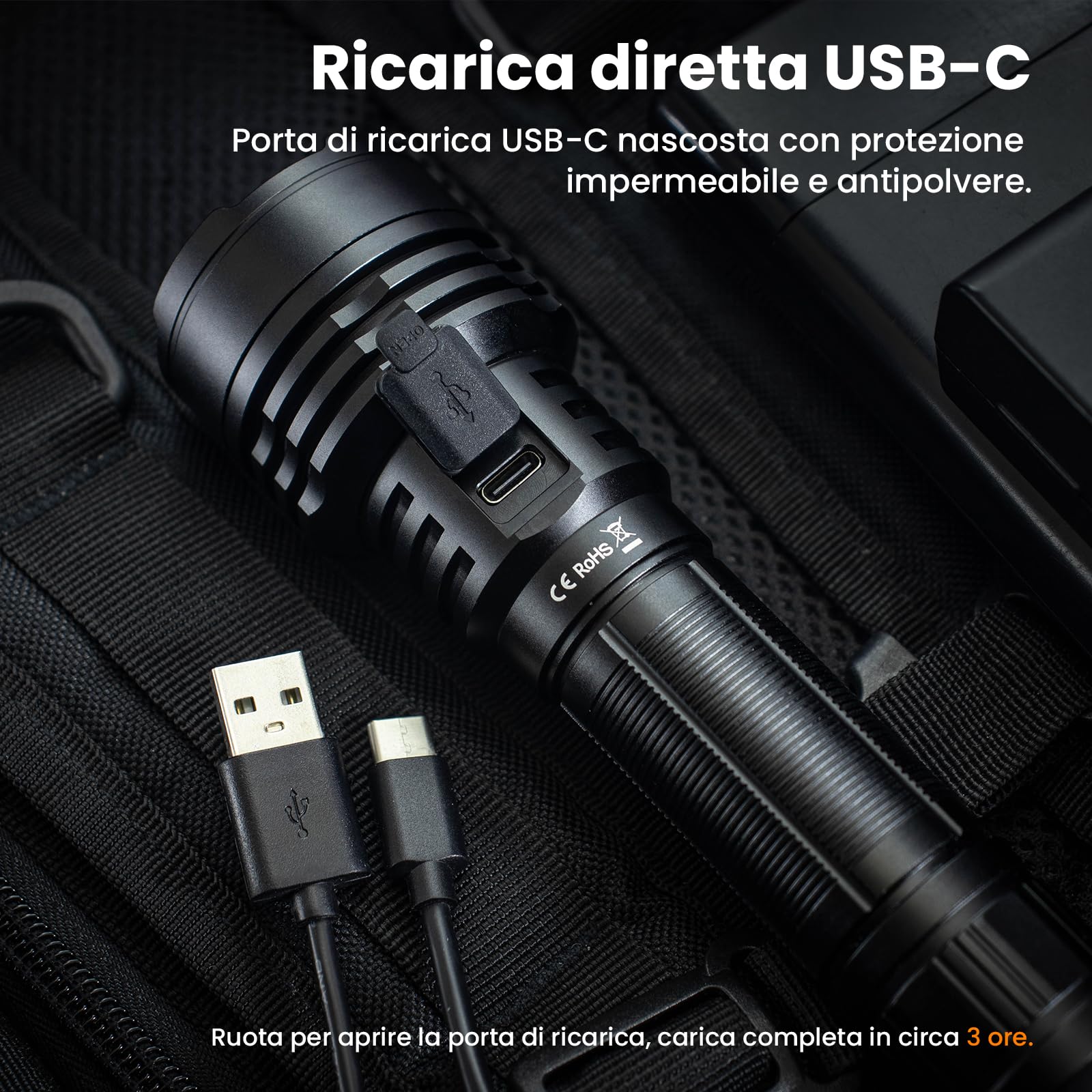 Sofirn C8L Torcia LED Ricaricabile,Torcia Tattica 531M, Super Luminosa, 3100 lumen,USB-C,Impermeabile IPX8,con Interruttore Laterale + Posteriore,per la Campeggio all'aperto, Escursionismo e Alpinismo