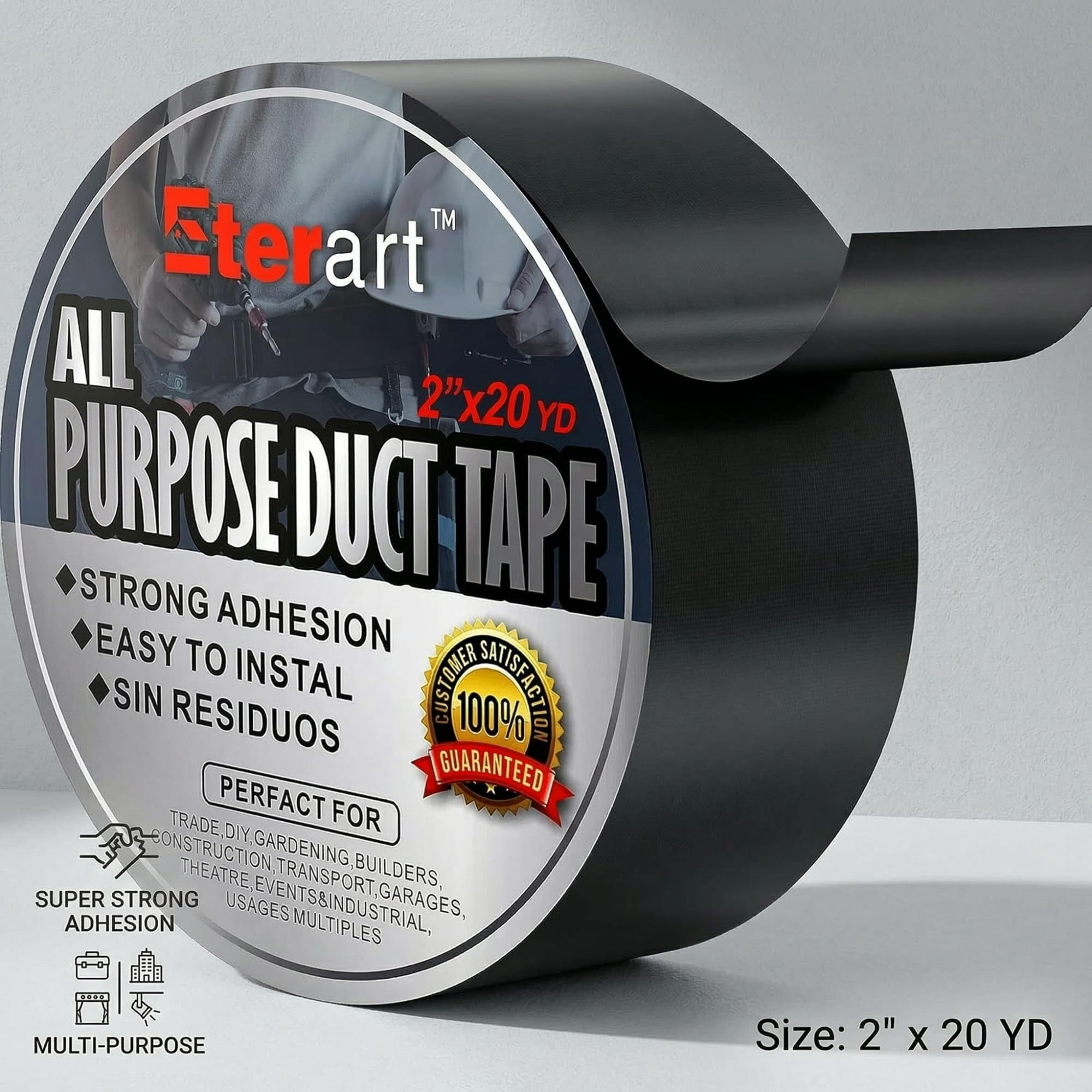Eterart Cinta adhesiva Haevy Duty resistente industrial de máxima resistencia, cinta negra, sin residuos ni desgarros a mano, multiusos, uso en interiores y exteriores, 2 pulgadas x 20 yardas