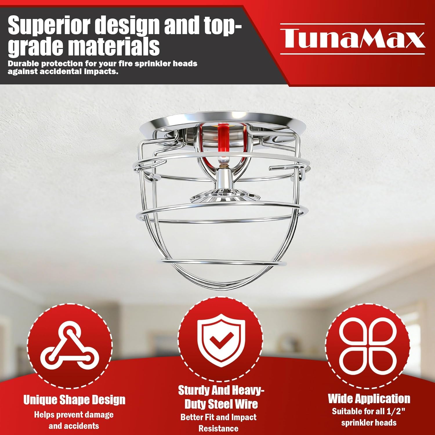 (6 Pack) TunaMax 1/2" Fire Sprinkler Head Cage Guard Protector Cover for Protecting Side Wall & Pendent Semi - Recessed Sprinkler Heads Fire Sprinkler Covers for Ceiling