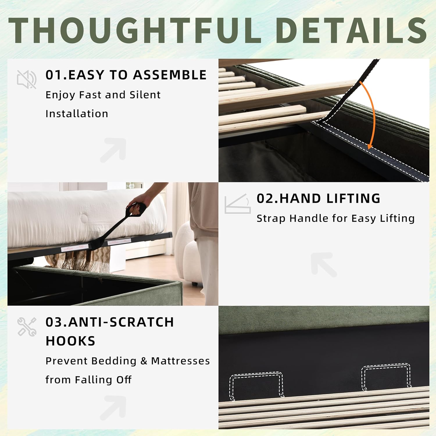 Queen Lift Up Storage Bed, Bed Frame with Storage, Modern Corduroy Upholstered Platform Bed with Wingback Headboard, Hydraulic Support, Wooden Slats, No Box Spring Needed, Easy Assembly, Turtle
