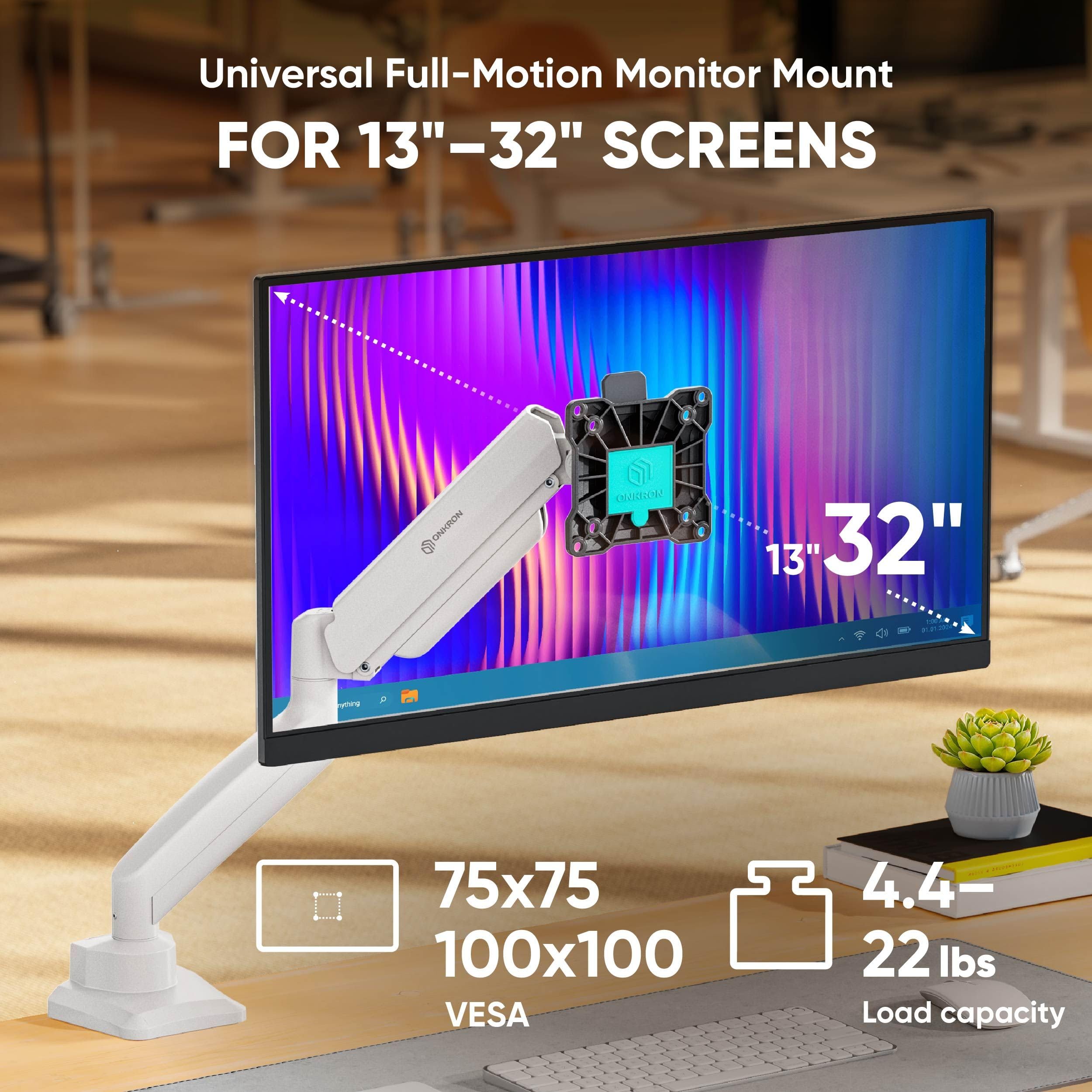 ONKRON Supporto Monitor Professionale da Scrivania con molla a gas 13¨-32¨ VESA max 100x100 mm LCD LED Braccio inclinabile fino 8kg