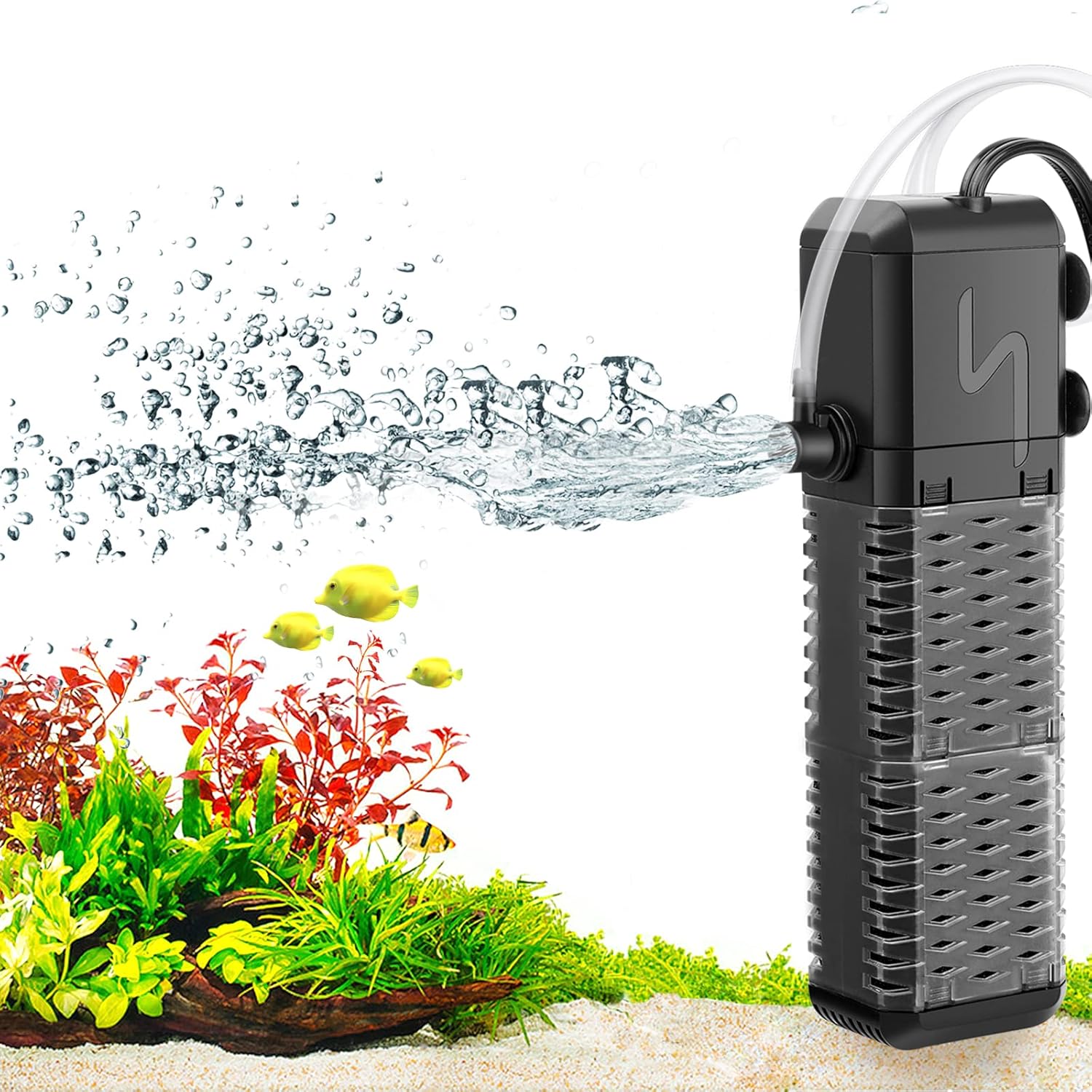 AQQA Aquarium Filter, Submersible Power Fish Tank Filter with Rainwater Aerator System Adjustable Water Flow Design, Ultra Silent Biochemical Sponge Filtration Up to Fish Tank 70 Gallon (9W-211GPH)