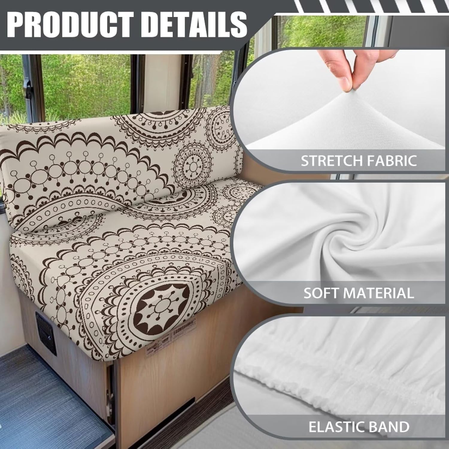 Boho Mandala Print 2 Pcs RV Dinette Cushion Covers Waterproof Camper Cushion Slipcover Stretch Sofa Furniture Protector Include1 Backrest Covers and 1 Bench Covers