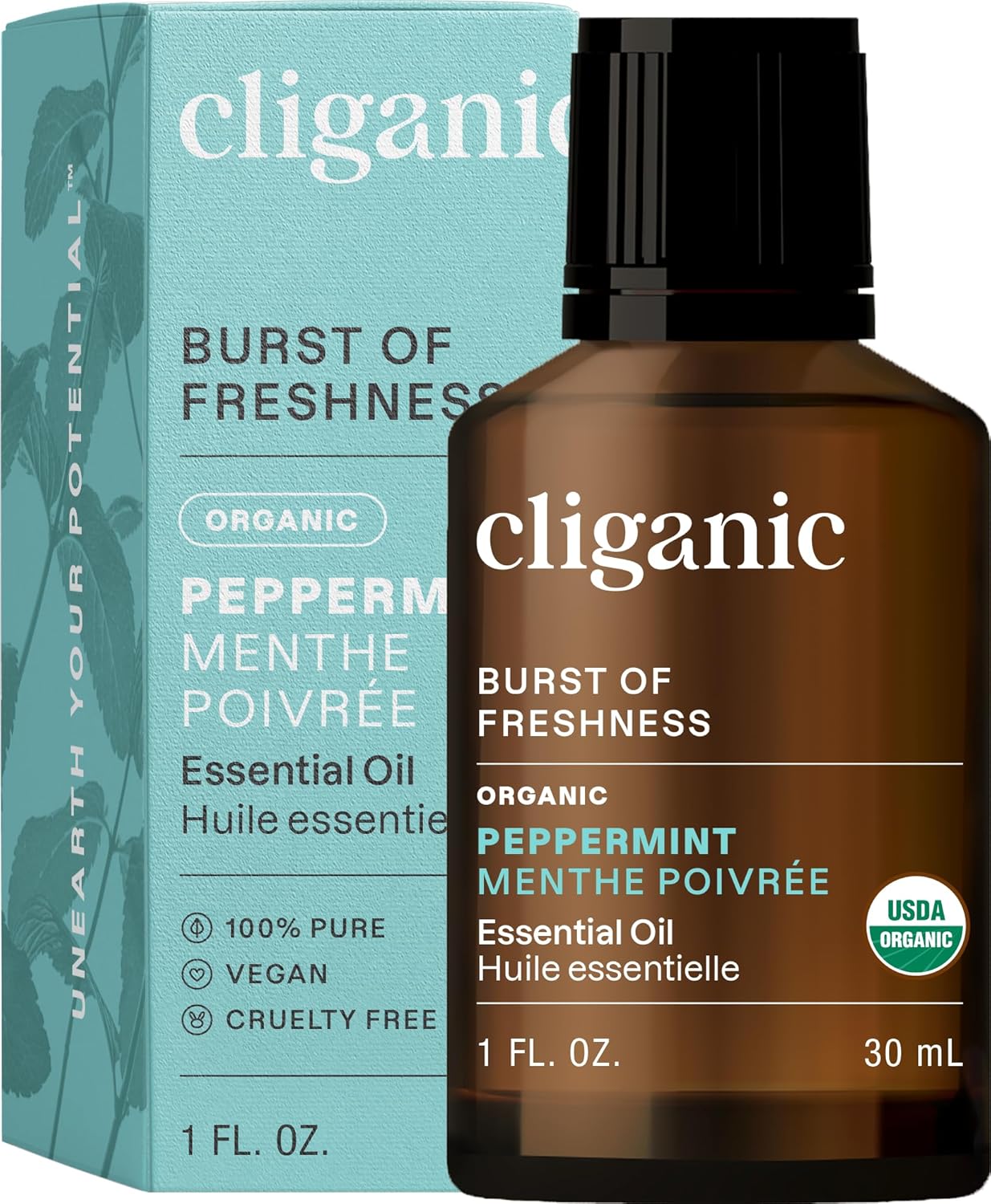 Cliganic Organic Peppermint Essential Oil, 1oz – 100% Pure Natural Undiluted, for Aromatherapy | Non-GMO Verified (Packaging May Vary)