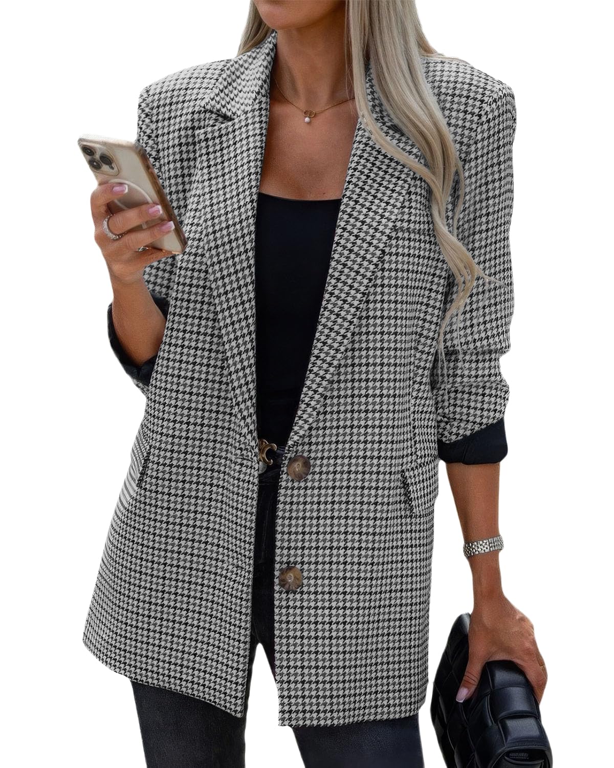 Photo 1 of ebossy Women's Casual Oversized Blazer Suit Notch Lapel Button Plaid Work Office Jacket Wool Pea Coat (2XL, Grey)