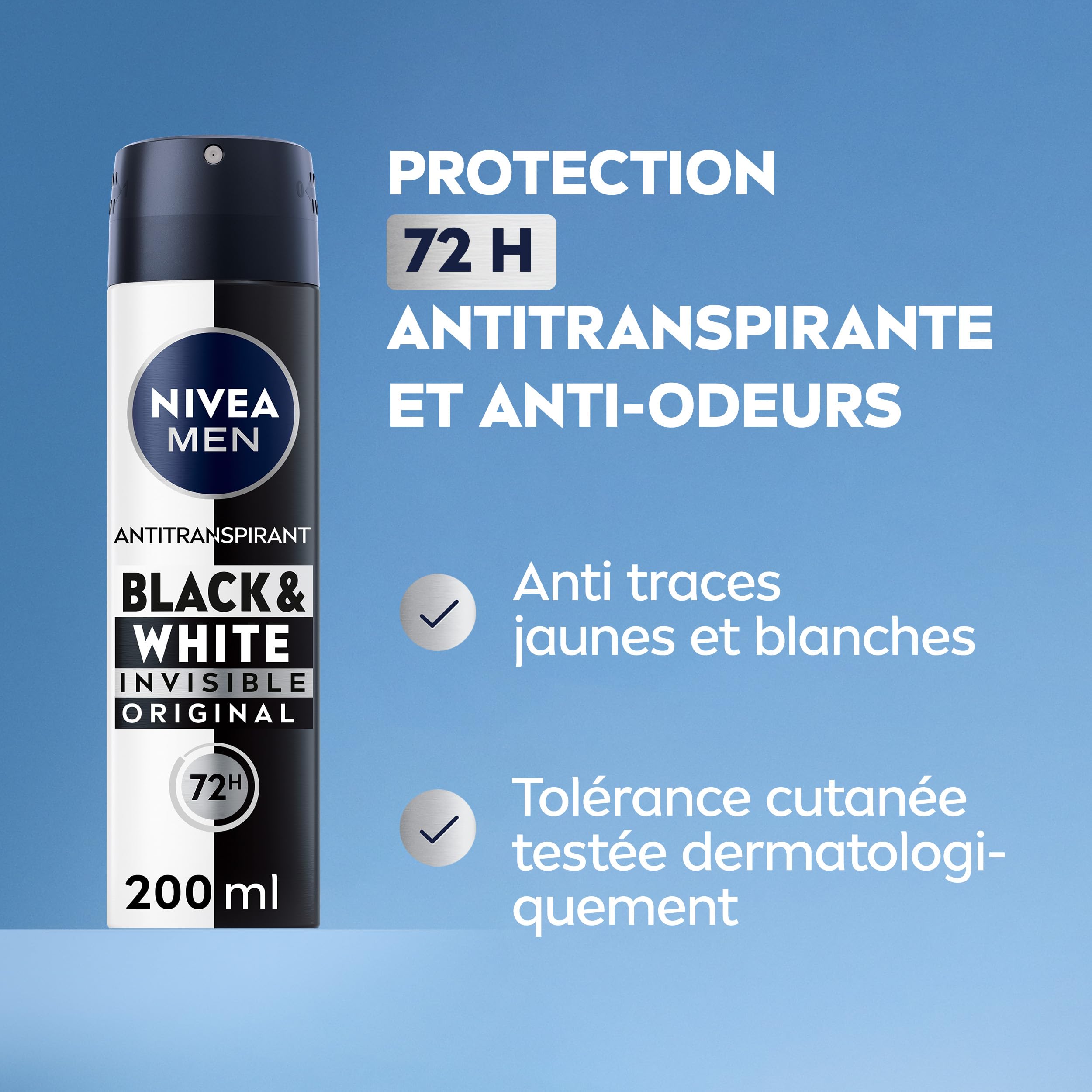 Visiter la boutique NIVEA MEN NIVEA MEN Déodorant Spray Black & White Invisible (1 x 200 ml), déodorant homme anti-traces blanches et jaunes, anti-transpirant anti odeur & humidité, protection efficace 72 h, sans alcool in use