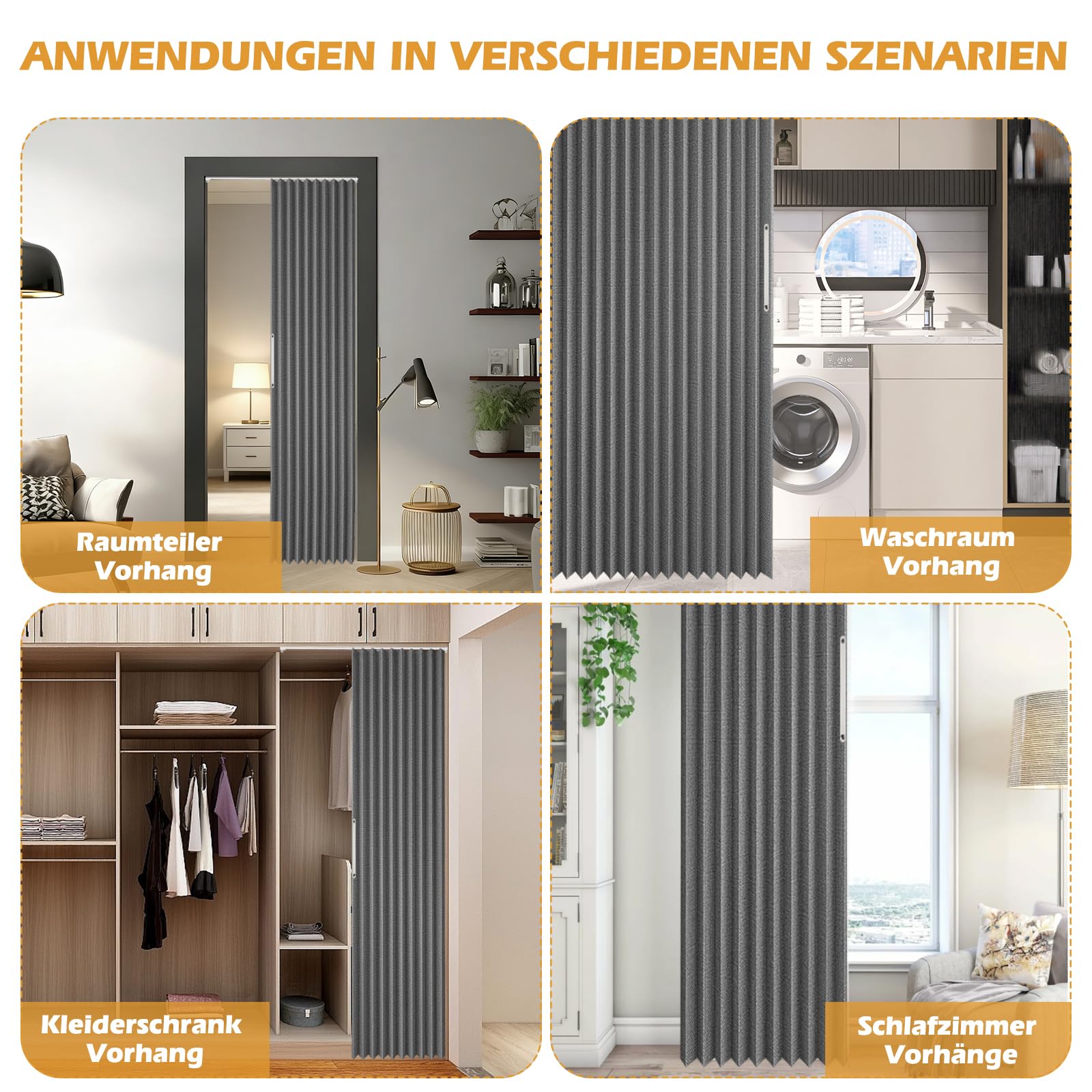 Magnetischer Türvorhang, 100% Verdunkelung, Akkordeon-Tür mit Magnetverschluss, Klebemontage ohne Bohren, inkl. Klebeschiene, Leinenoptik Faltbarer Raumteiler-Tür (Dunkelgrau)