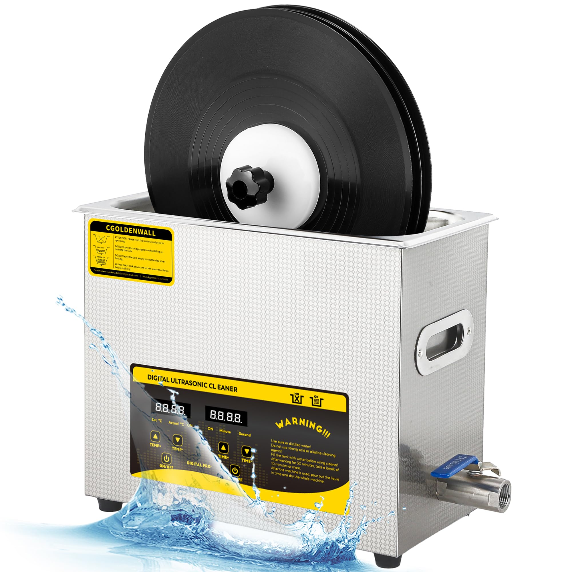Pulitore di Dischi ad Ultrasuoni 180W 6L 0-30 Minuti Timer Digitale e Rotazione Automatica per Dischi da 7/10/12" Nessun Danno alla Superficie del Disco (Supporto di Asciugatura e Cestello inclusi)