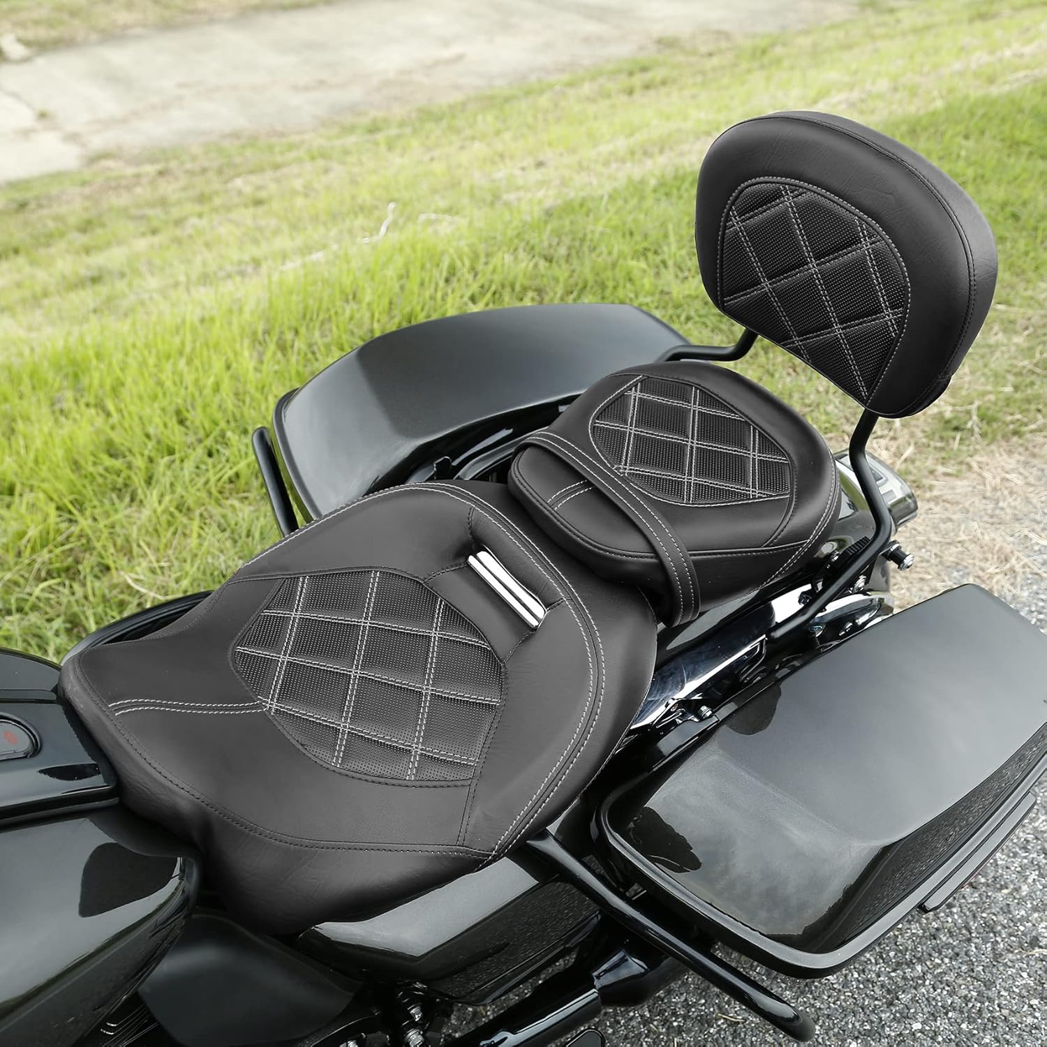 SLMOTO Motorcycle Seat with Sissy Bar Tour Trunk Pad Fit for Harley Davidson Touring Road King Street Glide Road Glide Tri-Glide 2014-2023 Trike 2010-2023 CVO Custom Bikes