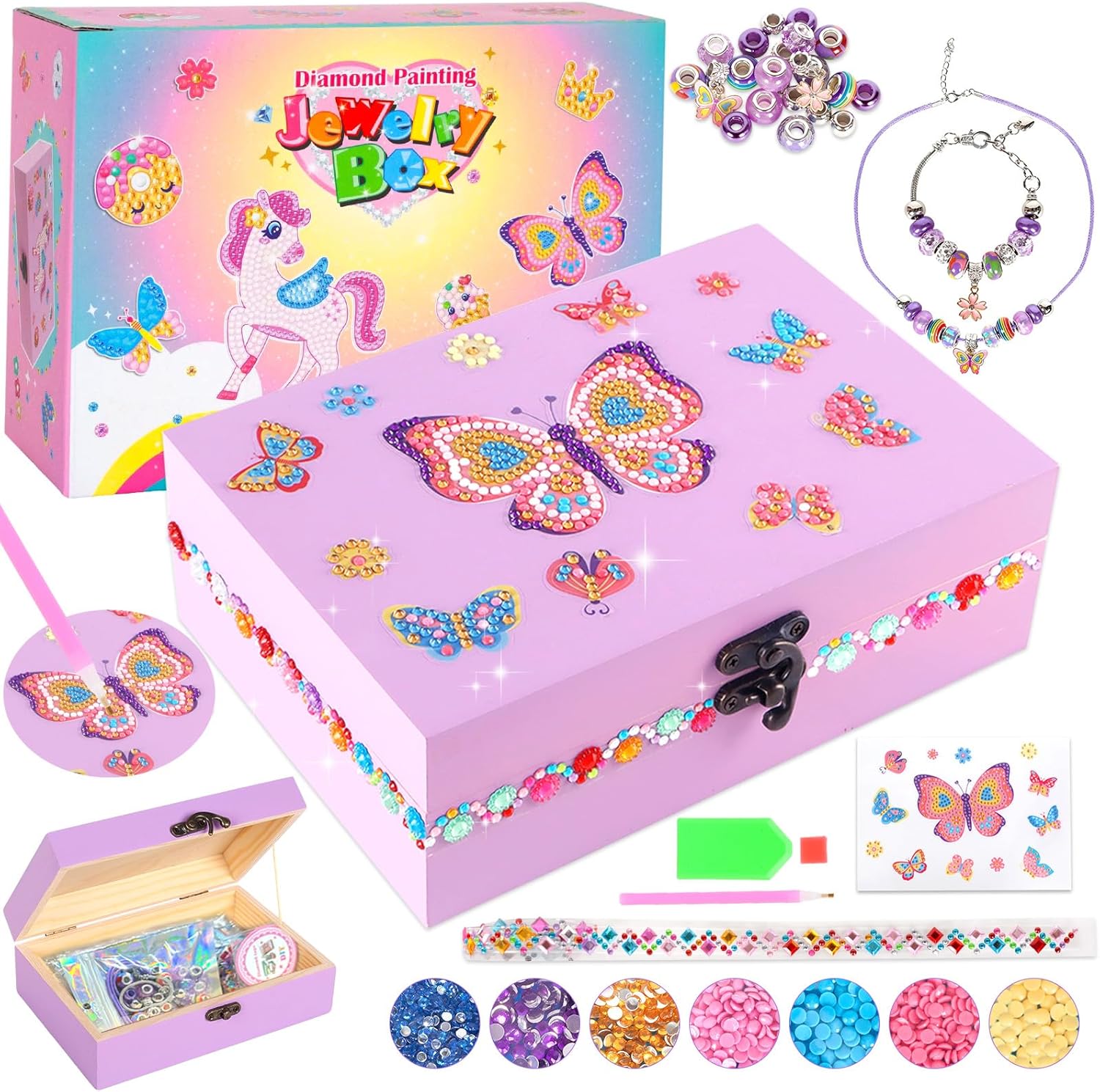 PinkSheep Arts and Crafts for Girls 6-12,Butterfly Jewelry Box for Girls,DIY Treasure Keepsake Box with Necklace & Bracelet Make It Set Gift