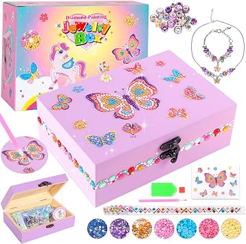 PinkSheep Arts and Crafts for Girls 6-12,Butterfly Jewelry Box for Girls,DIY Treasure Keepsake Box with Necklace & Bracelet Make It Set Gift