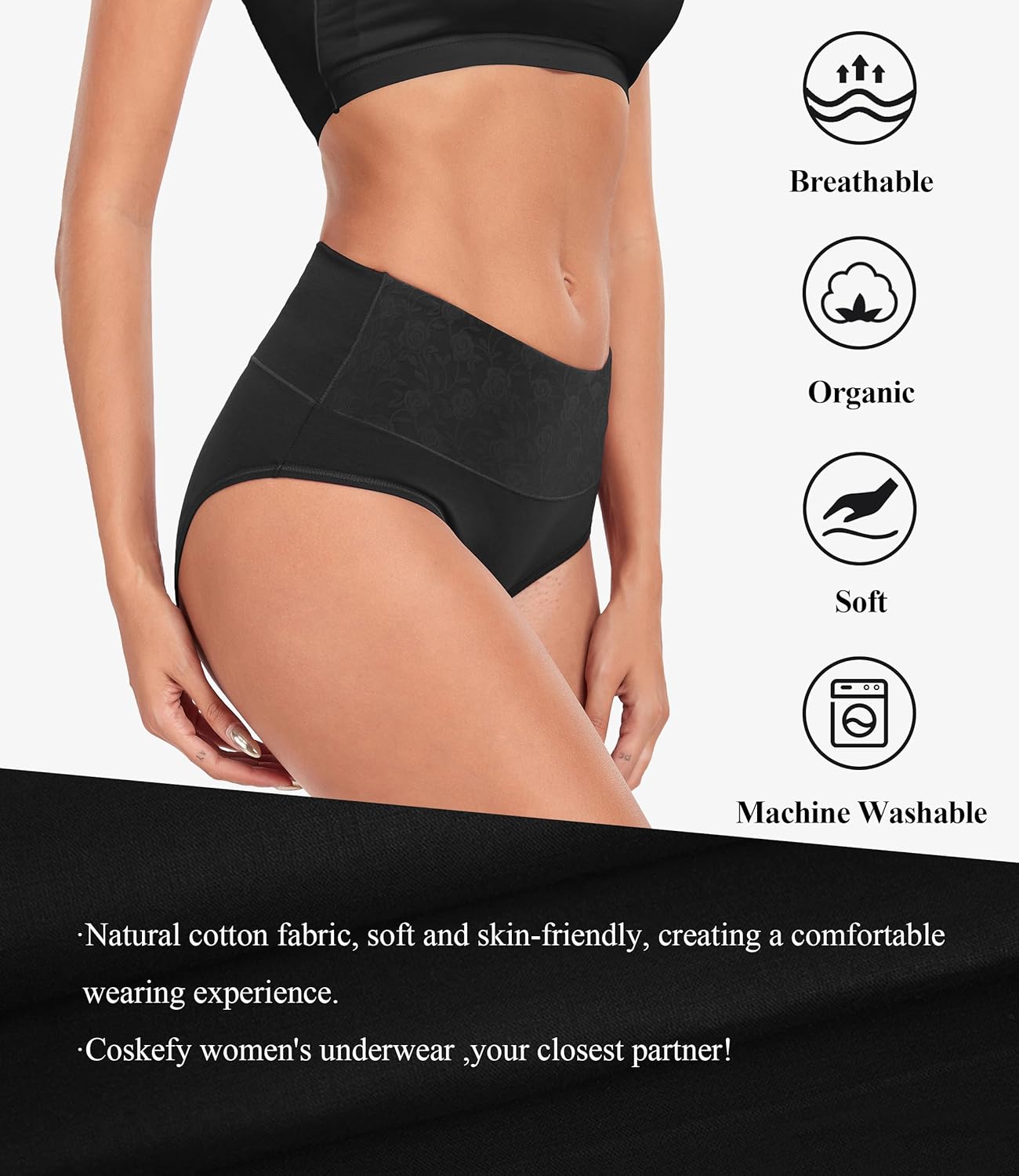 coskefy High Waist Cotton Underwear for Women Full Coverage Panties Floral Print Briefs for Ladies 5 Pack - Image 2