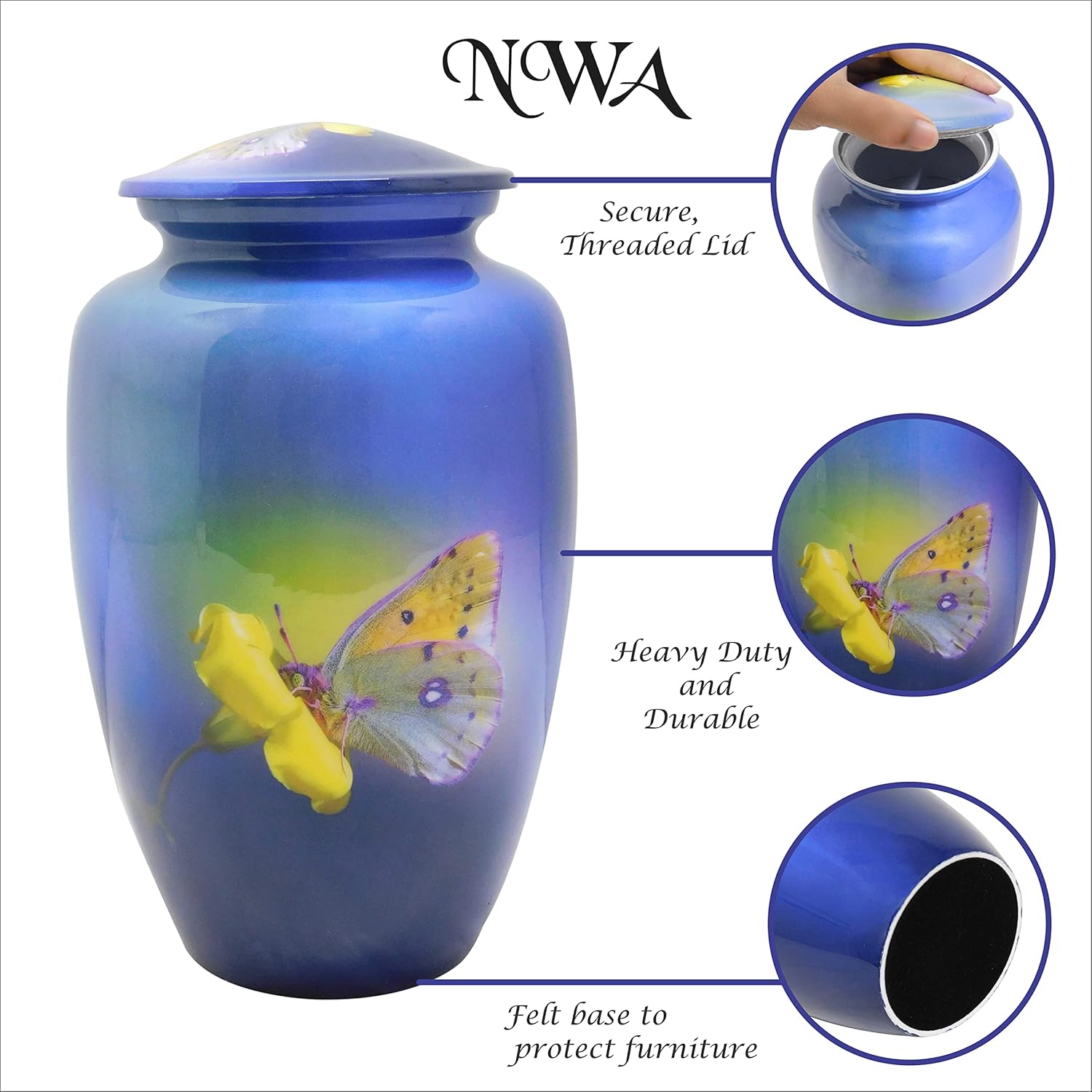 Blue Butterfly Large Size Human Cremation Urn with Keepsake, Personalization and Velvet Bag