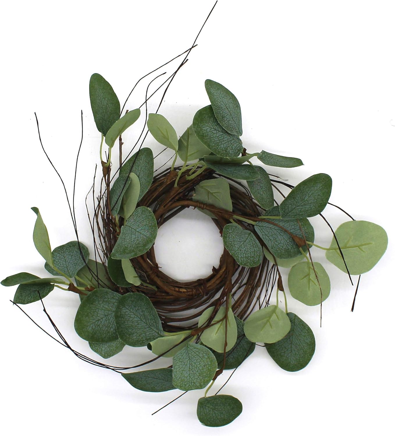 CVHOMEDECO. Rustic Country Artificial Eucalyptus Leaves and Twig Wreath, Year Round Full Green Wreath for Indoor or Outdoor Display, 9-Inch