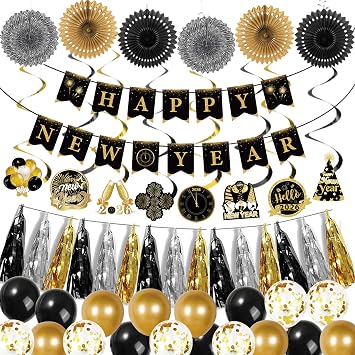 2026 New Year Decorations Black Gold New Years Eve Party Supplies with Happy New Year Banner, Hanging Swirls with Cutouts, Foil Tassel Garland, Paper Fans & Balloons for New Years Decorations