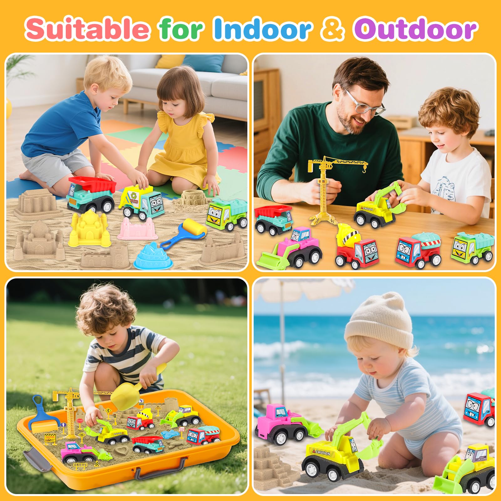 Helsort Kit de chantier de sable 36 pièces, kit de sable magique avec 8 camions, bac pliable, 1 kg de sable, grue, ouvrier, panneaux, moules, pelle – jouets idéaux pour garçons et