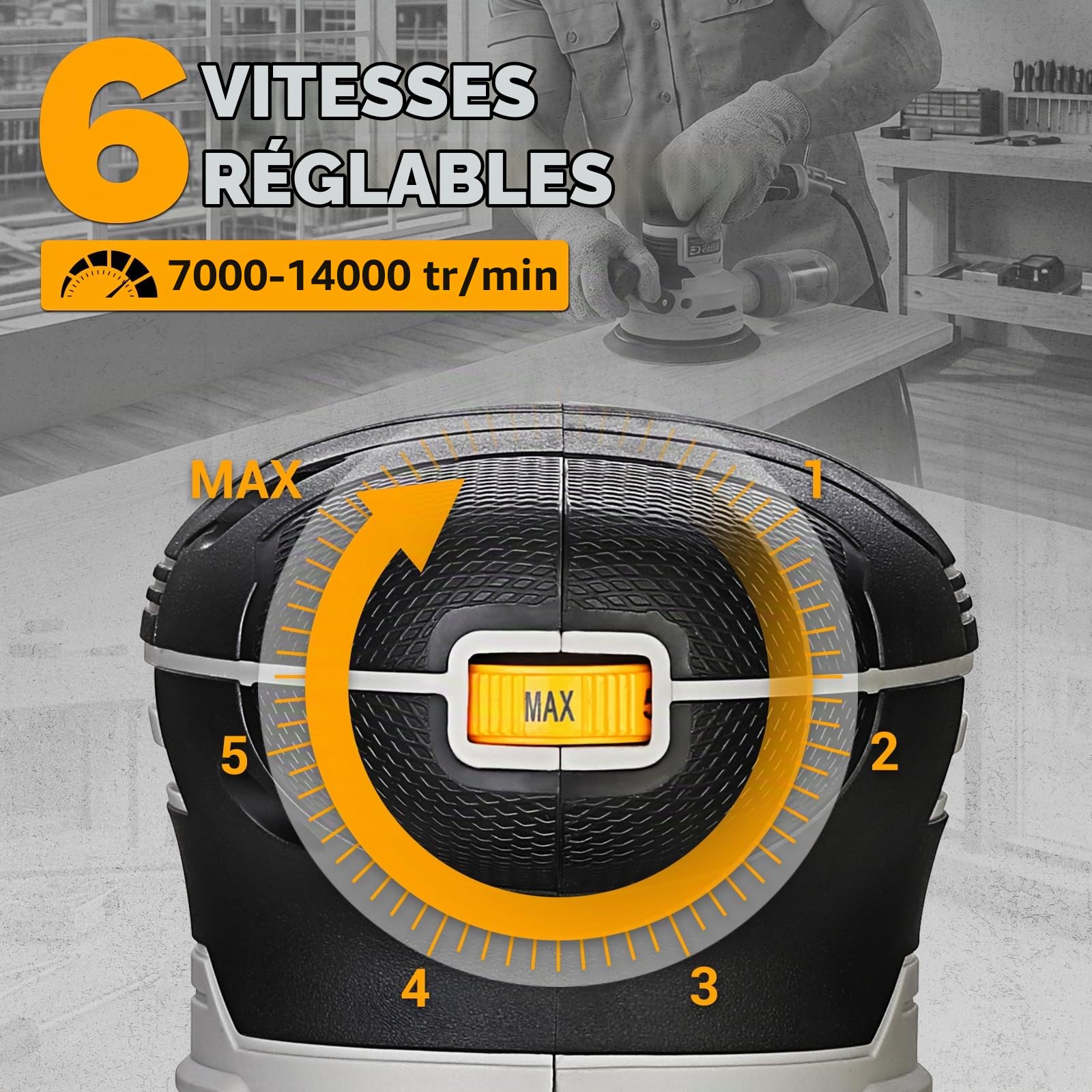 DEKOPRO Ponceuse Excentrique 450W φ125mm: Ponceuse Orbitale 14000RPM, avec 16 Pièces Papier Abrasif, Collecteur de Poussière, pour Bois, Acier, Polissage de Précision